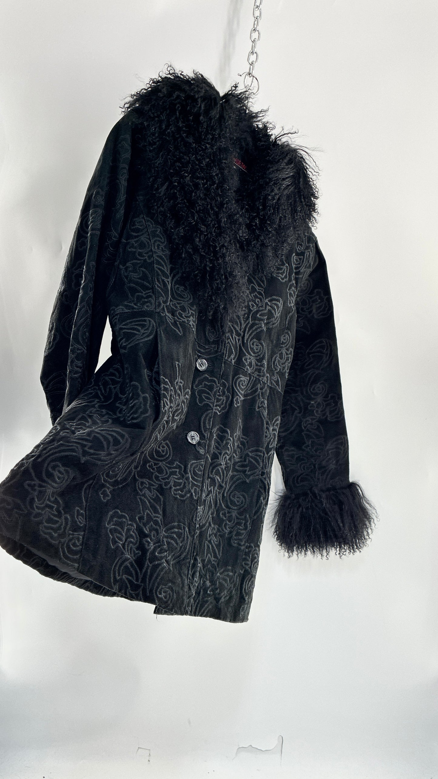 Vintage PHASE TWO Embroidered Black Genuine Suede Leather Coat with Mongolian Fur Collar and Cuffs (XXL)