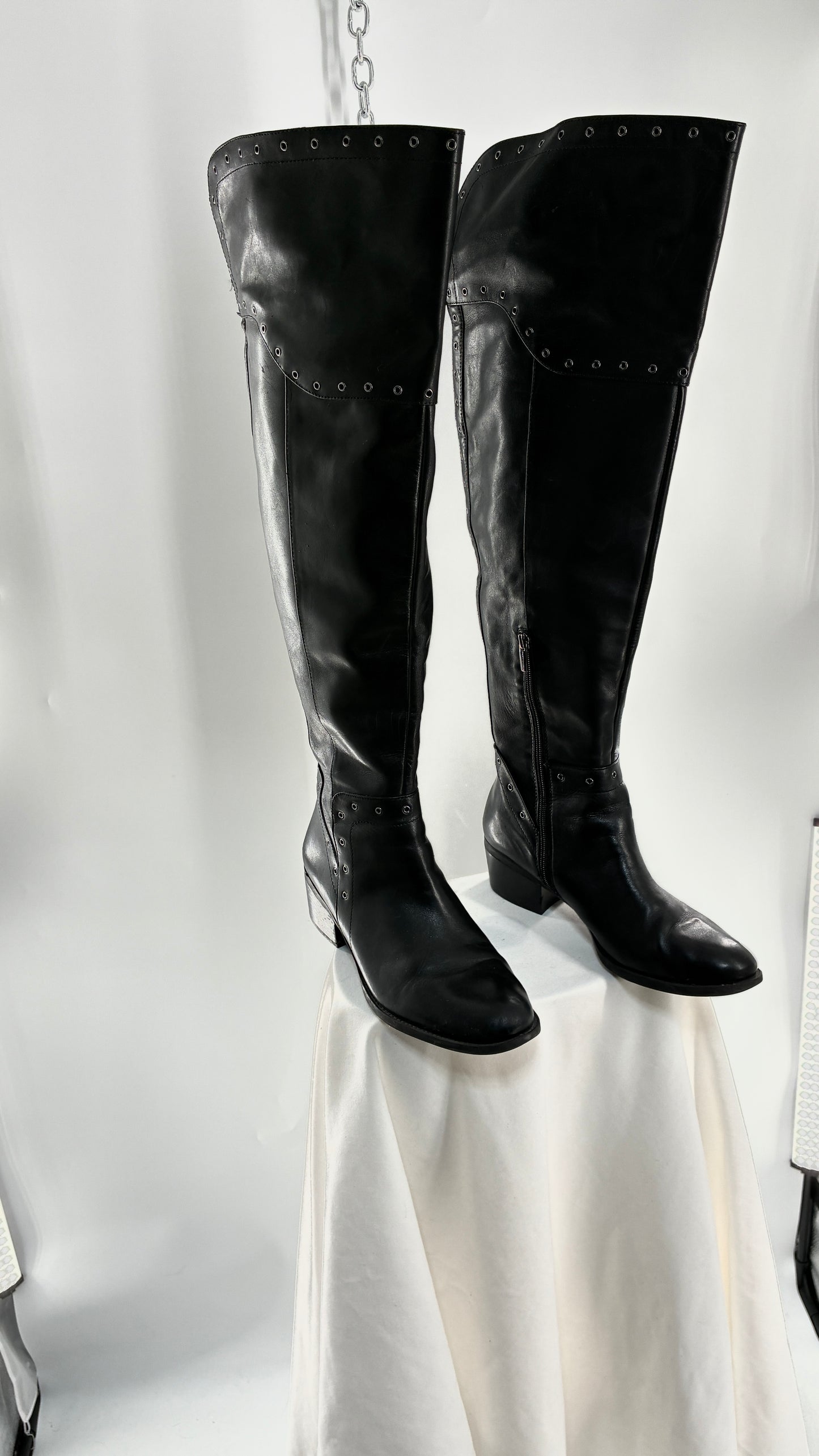 VINCE CAMUTO Genuine Leather Black Over the Knee, Thigh High Boots with Studding Details (11/41)