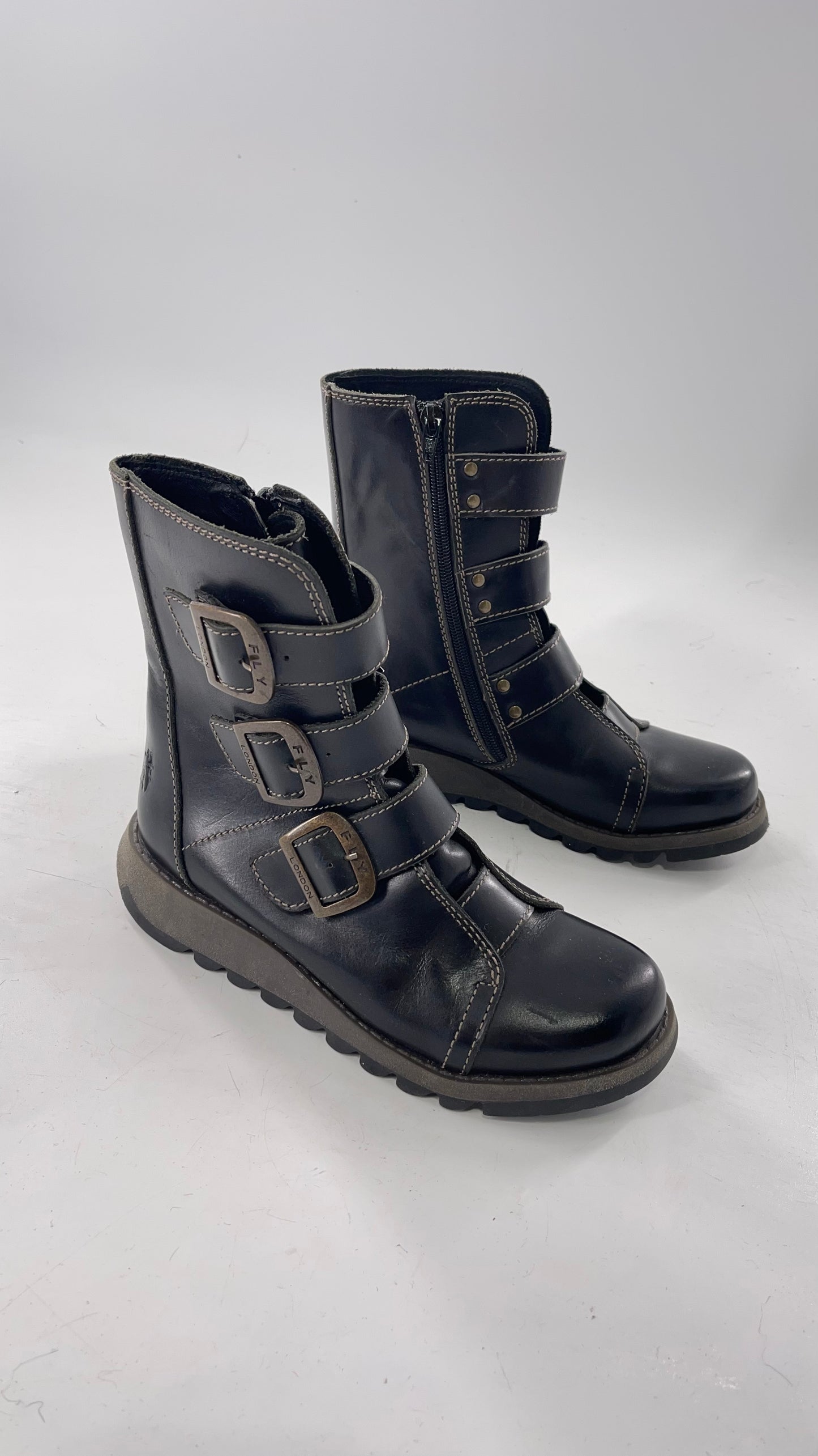 Fly London Black Zipper Side Biker Boot with Oversized Brass Buckles (38)