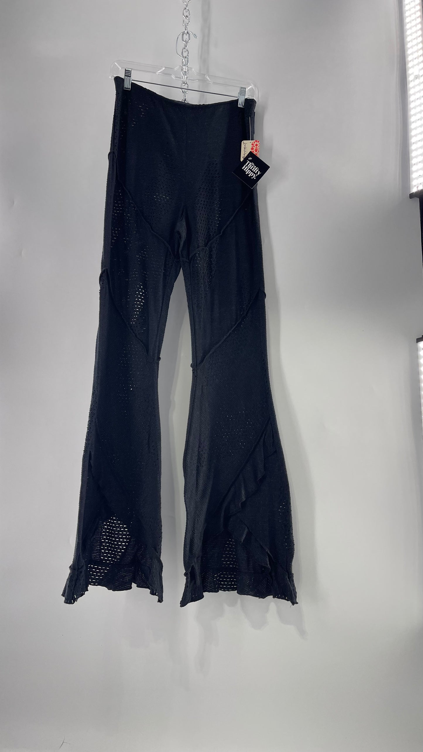 Free People  Black Midnight Grey Mixed Pattern Kickflares with High Low Hem, Exposed Seams and Distressing Tags Attached (Medium)