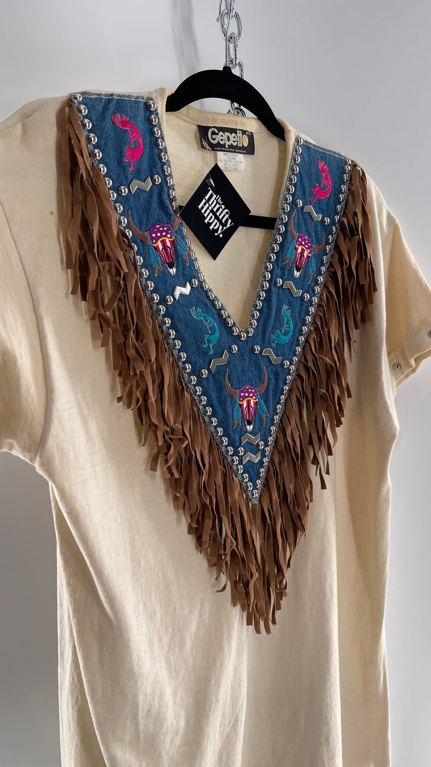 Vintage 1980s GEPETTO Off White Rodeo Western T Shirt with Denim Lined V Neck, Faux Leather Fringe Detail, Embroidery, and Heavy Duty Studs
