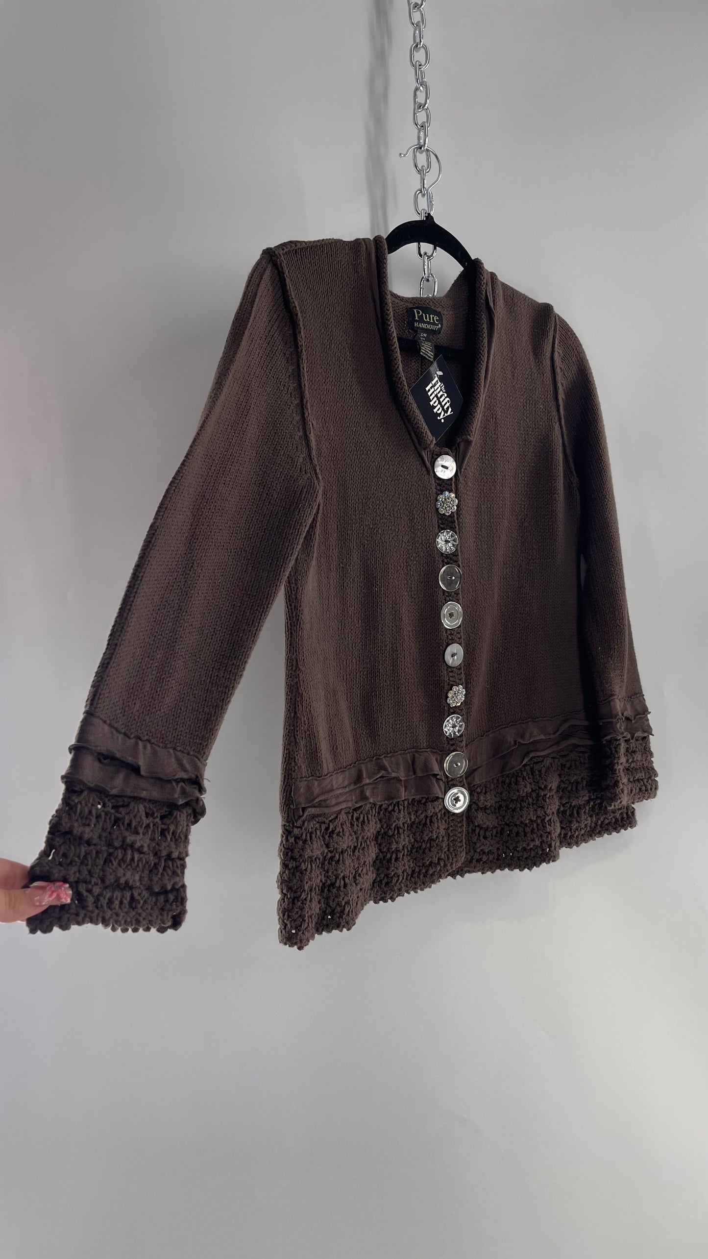 Vintage Pure Handknit Ruffle Hem Brown Cardigan with Button Front (S/M)