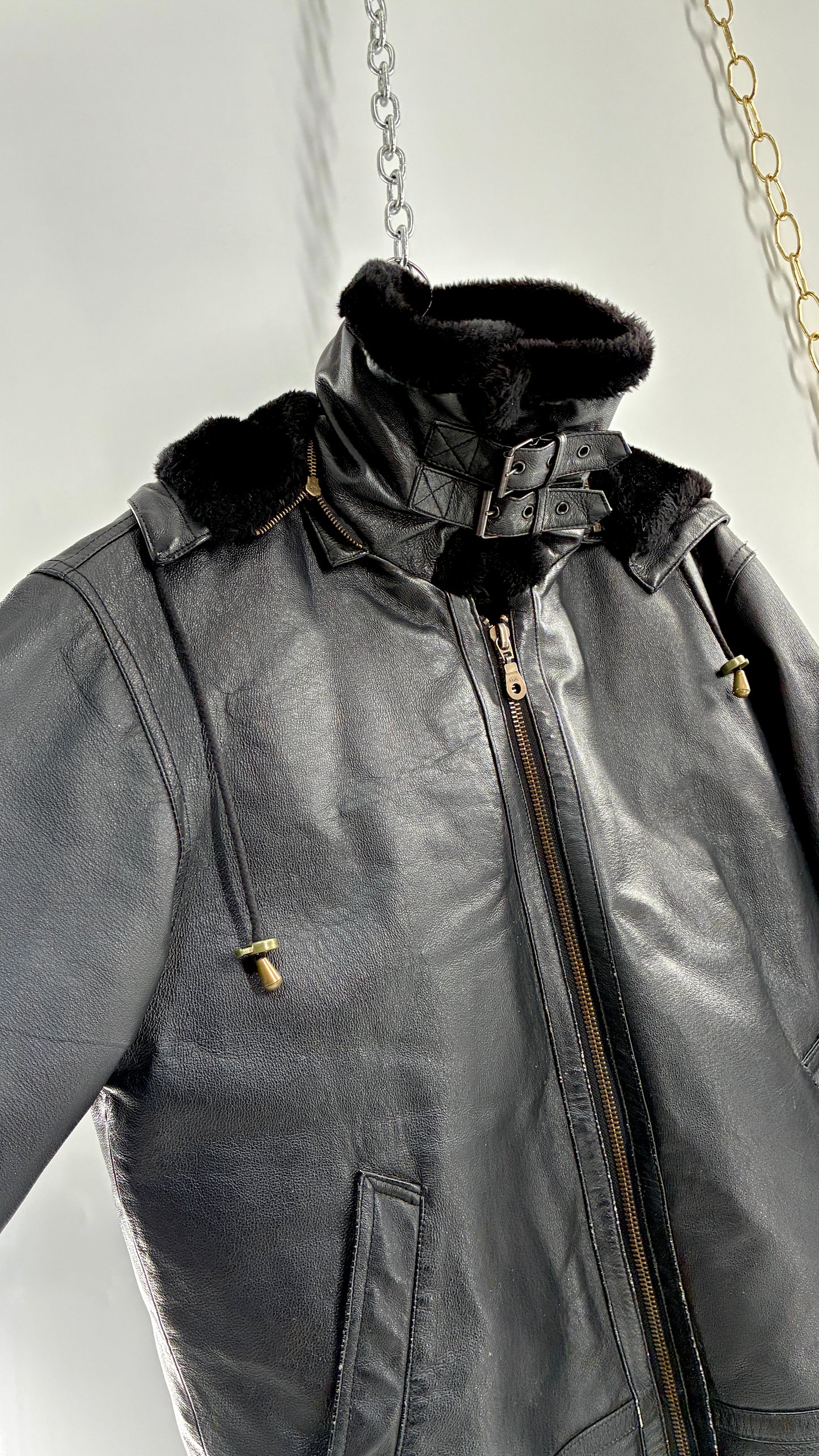 Vintage TANNERS AVENUE Black Genuine Leather Jacket with High Neck and Hood (Medium)