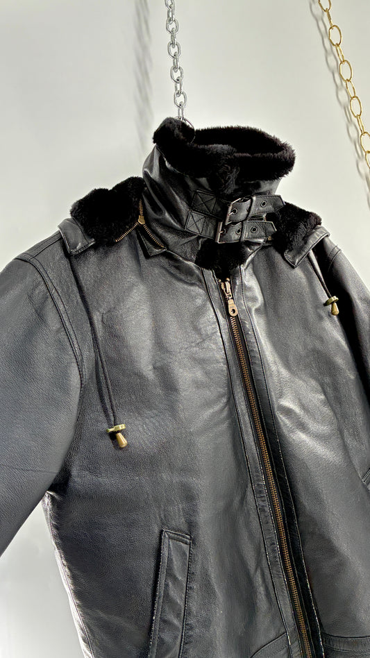 Vintage TANNERS AVENUE Black Genuine Leather Jacket with High Neck and Hood (Medium)