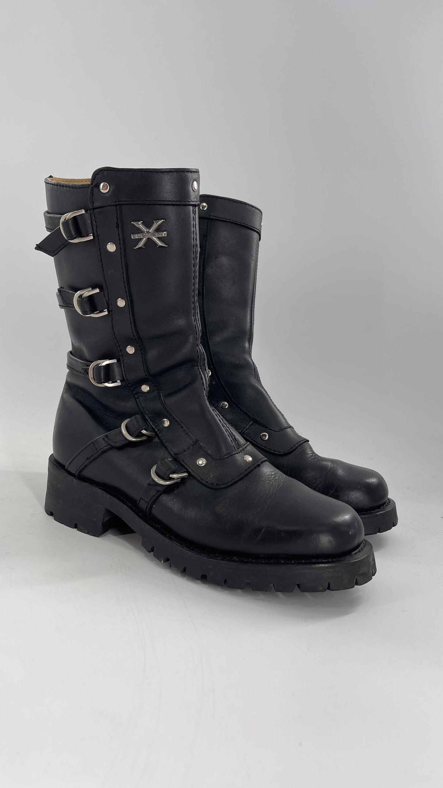 Vintage 1990s XELEMENT Buckle Side Genuine Leather Steam Punk Boots (Women’s 8.5)