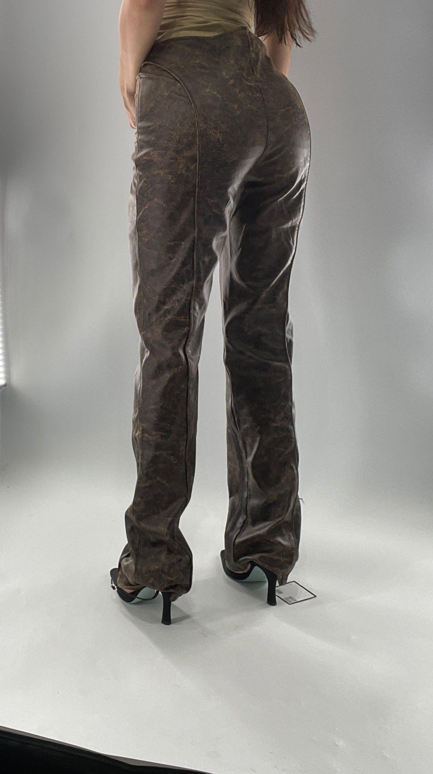 Vegan Brown Leather Kick Flares with Panel Details (Large)