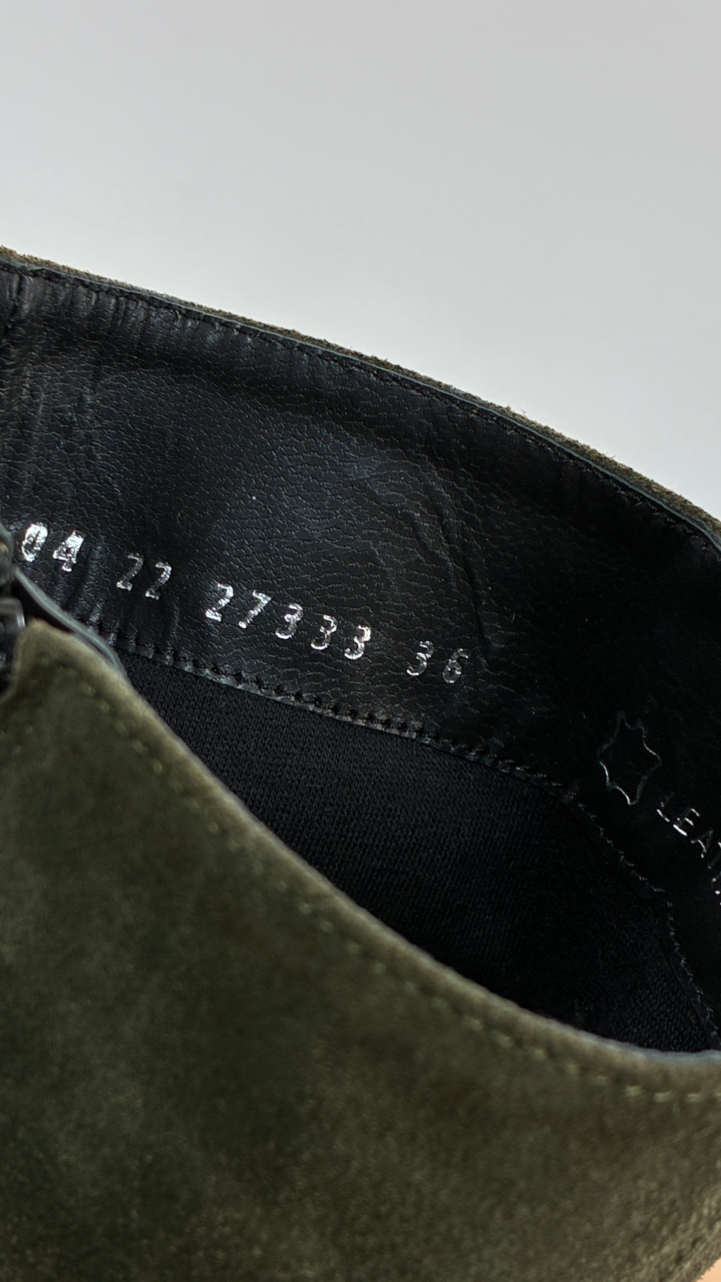 Vintage ERIC MICHAEL Olive Green Suede Boots Square Toe Knee High Boots (36)