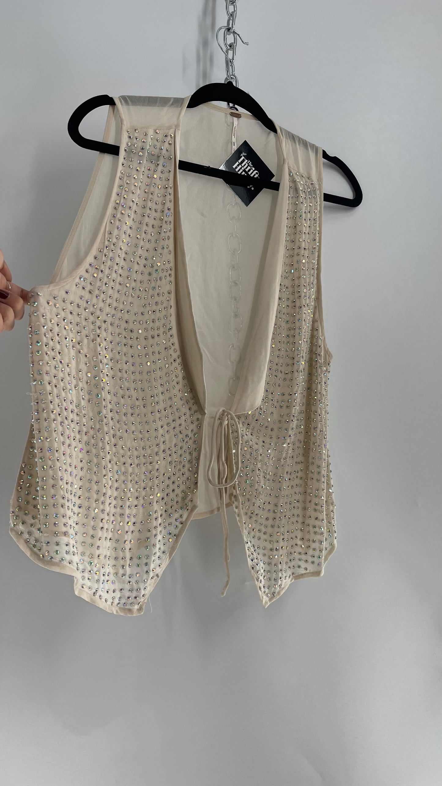 Free People Off White All Over Rhinestone Vest with Lapels (Large)