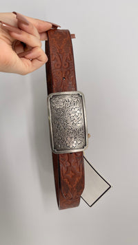 Vintage FOSSIL 1995 Embossed Genuine Leather Belt with Engraved Silver Buckle