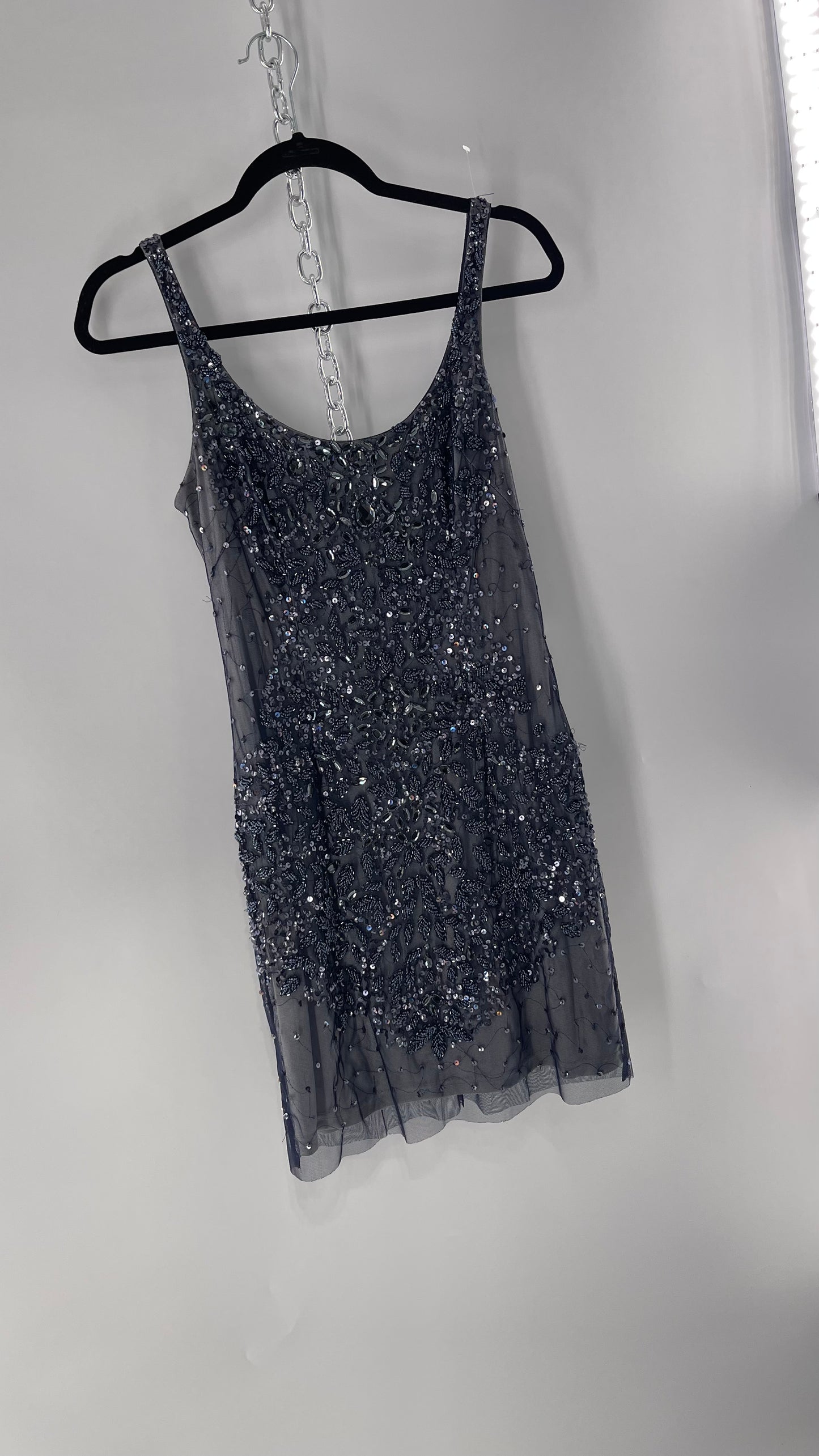 Vintage Cache Moonlight Grey/Navy Blue Tunic Mini Dress with Accentuating Placement of Beads, Sequins and Embroidery Details (2)