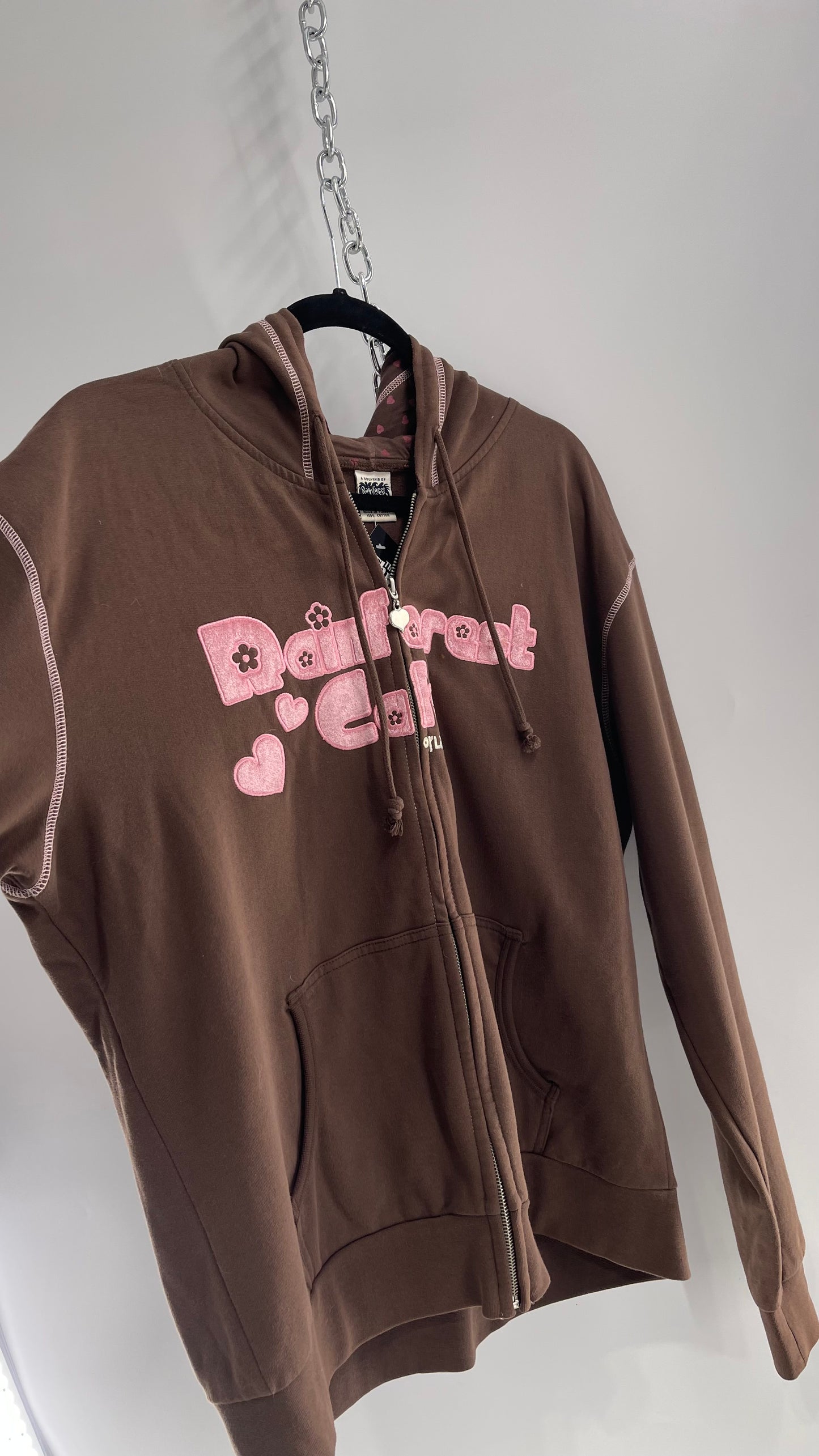 Vintage Rainforest Cafe Zip Up Hoodie with Pink Font and Heart Patches/Patterned Hood (XXL)