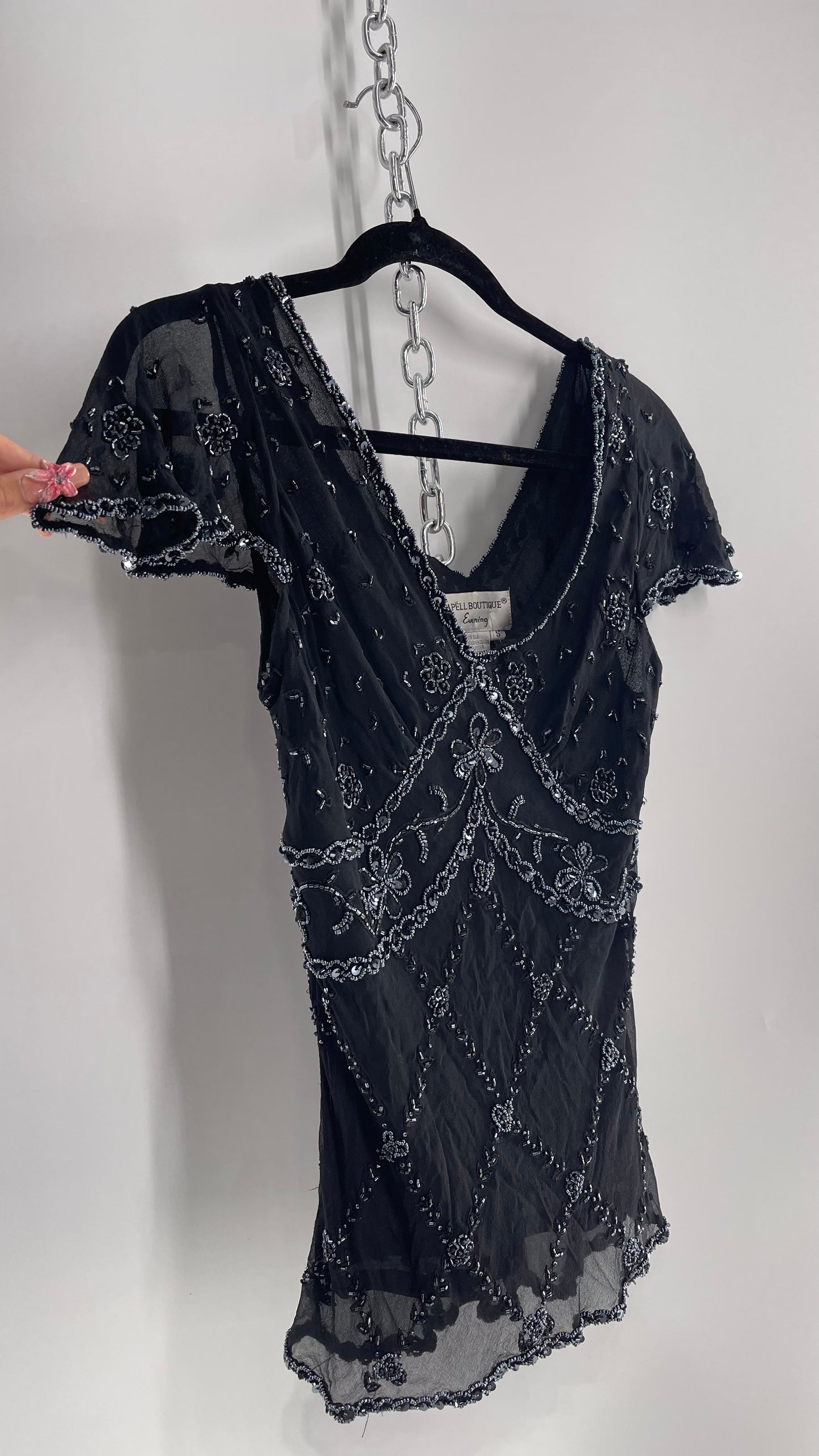 Vintage 100% Silk Papell Boutique Black Beaded Blouse (Small)