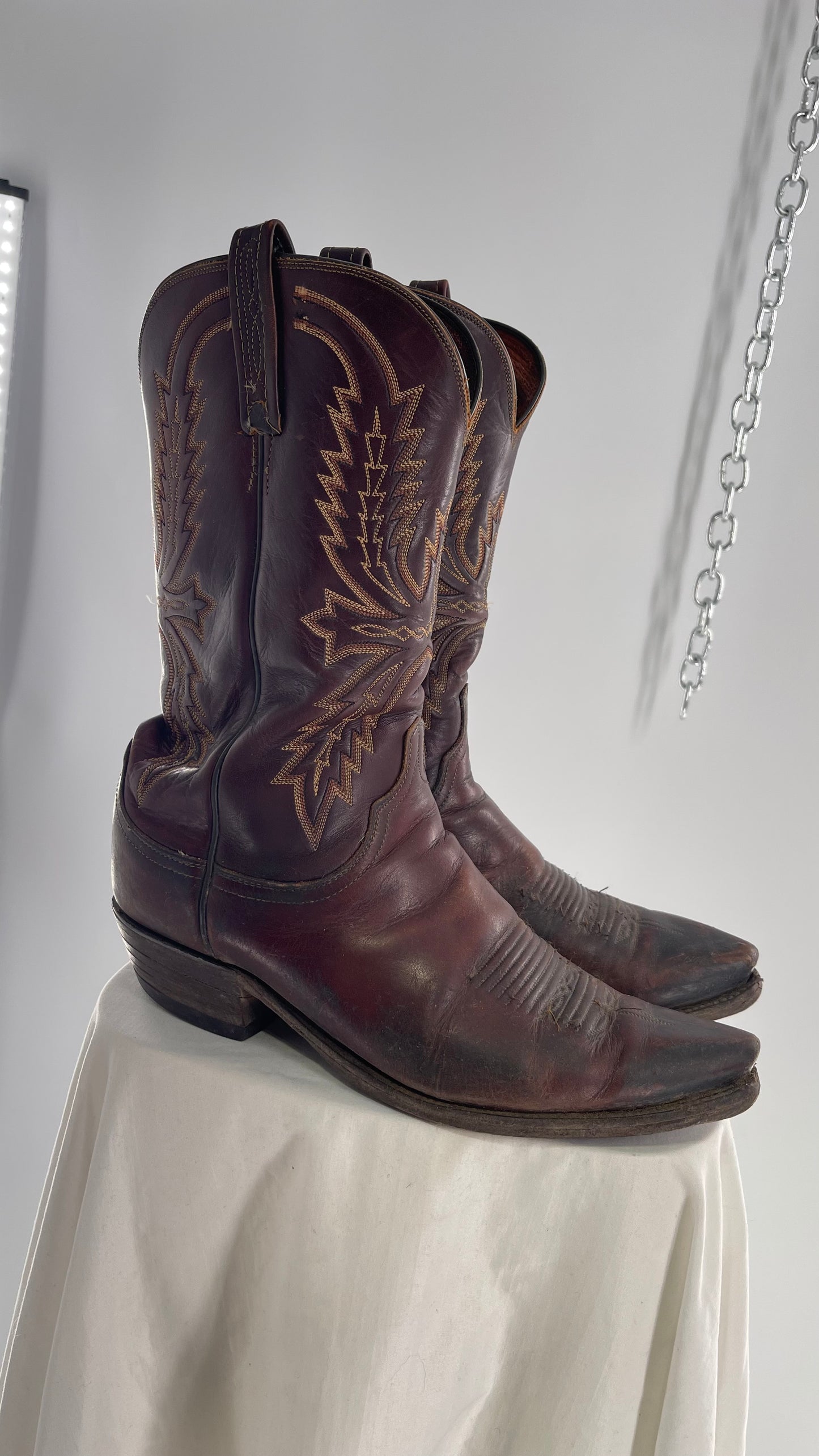 Vintage Men’s 1883 Luchesse Lived In Brown Cognac Leather Pointed Toe Cowboy Boots with Embroidery (12)