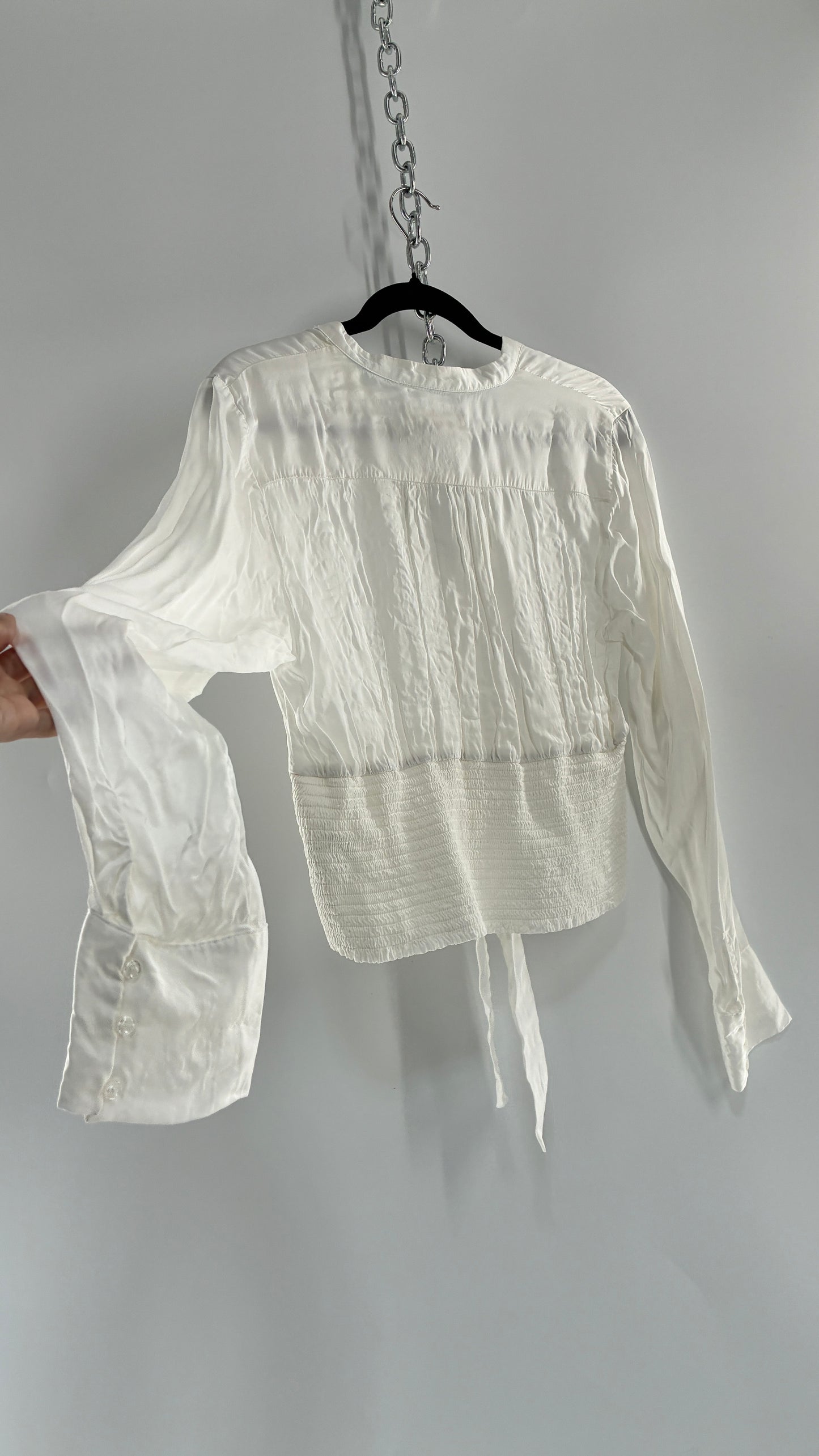 ANTHROPOLOGIE 100% Viscose White Silky Ruche Waist Blouse (Large)