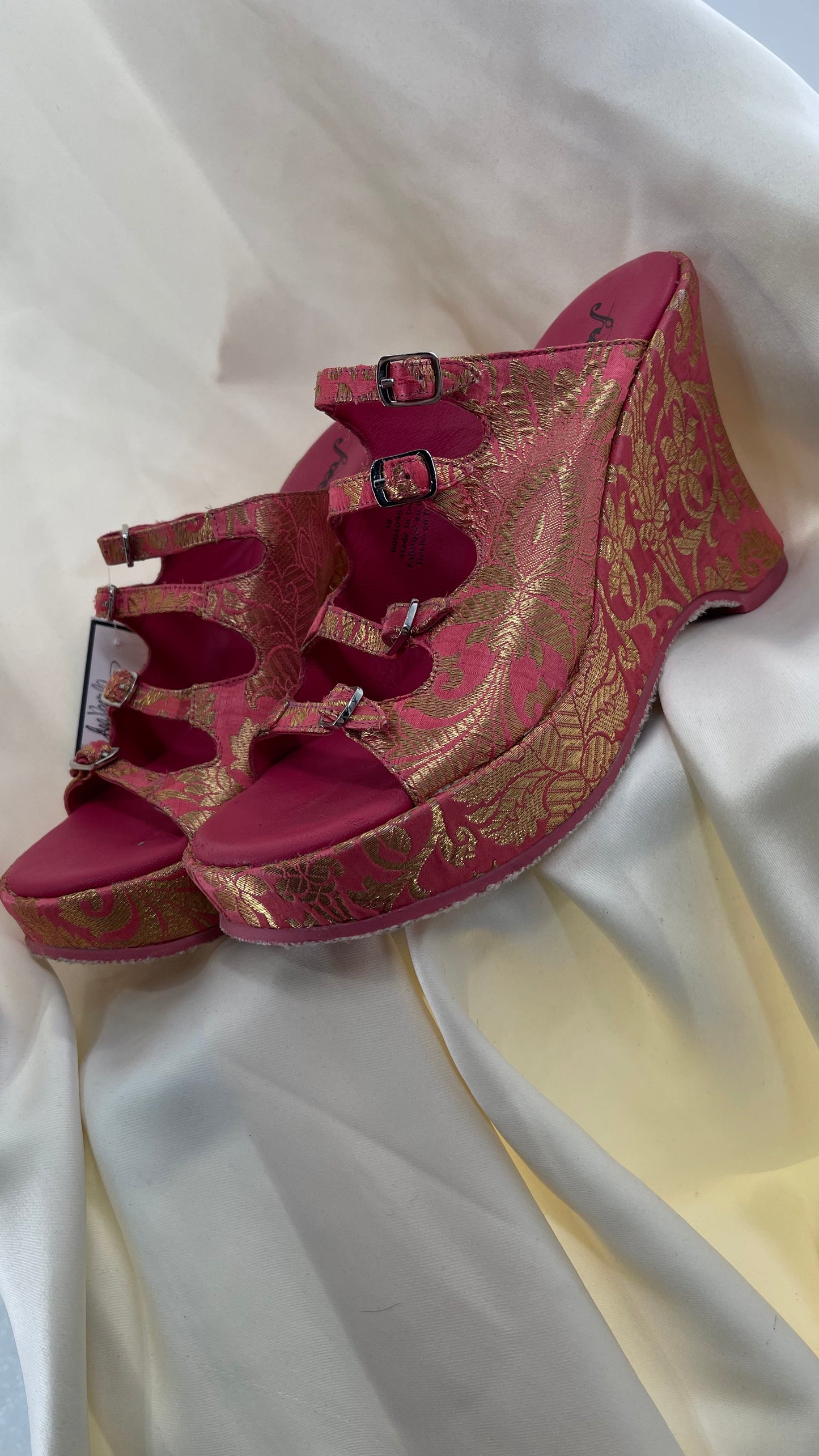 Free People Hot Pink Hoffman Buckle Front Wedge Heels with Satin Gold Paisley/Brocade Pattern (37)