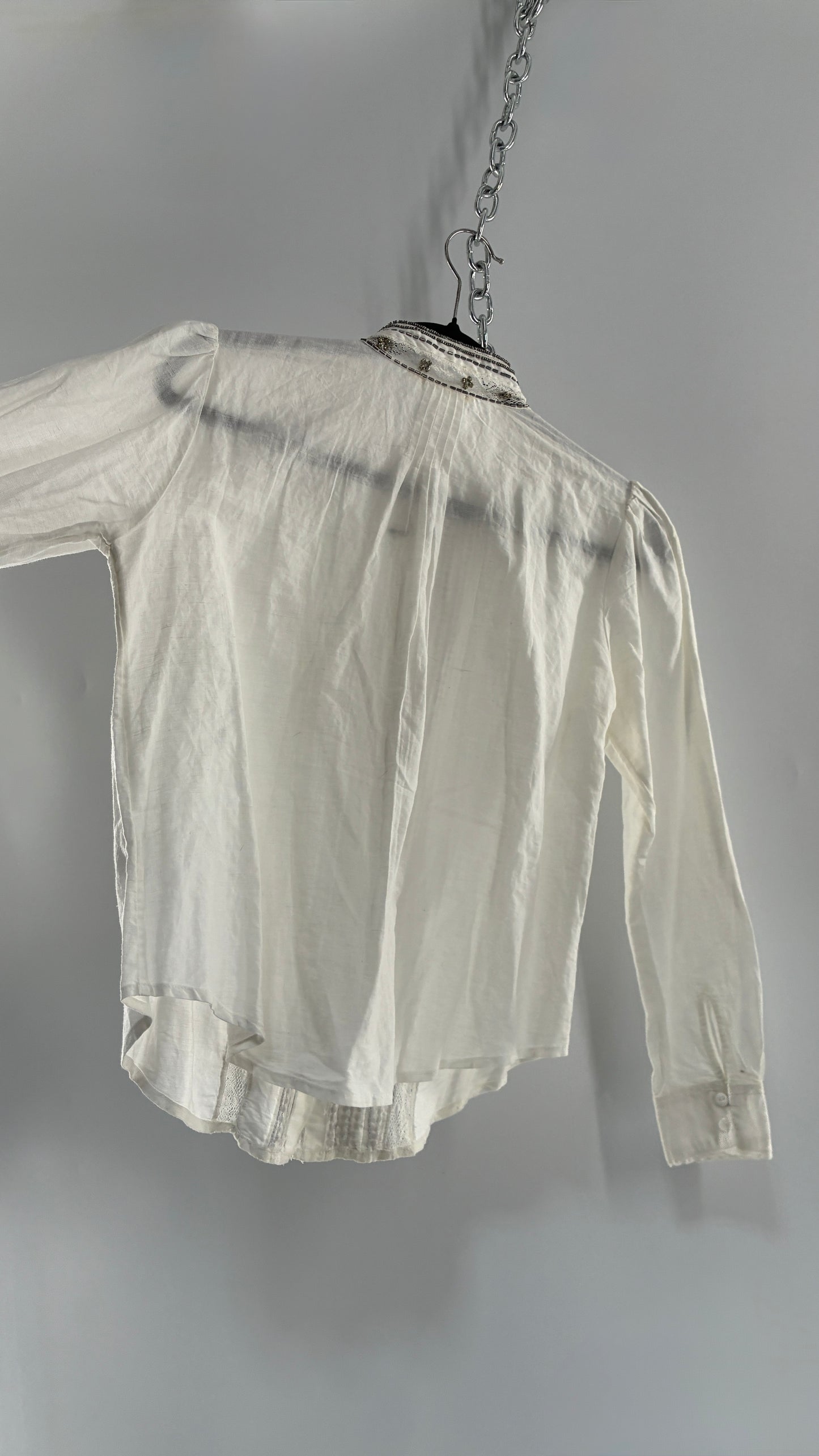 Anthropologie FLOREAT Linen Cotton White Button Up with Lace and Rhinestone Details (4P)