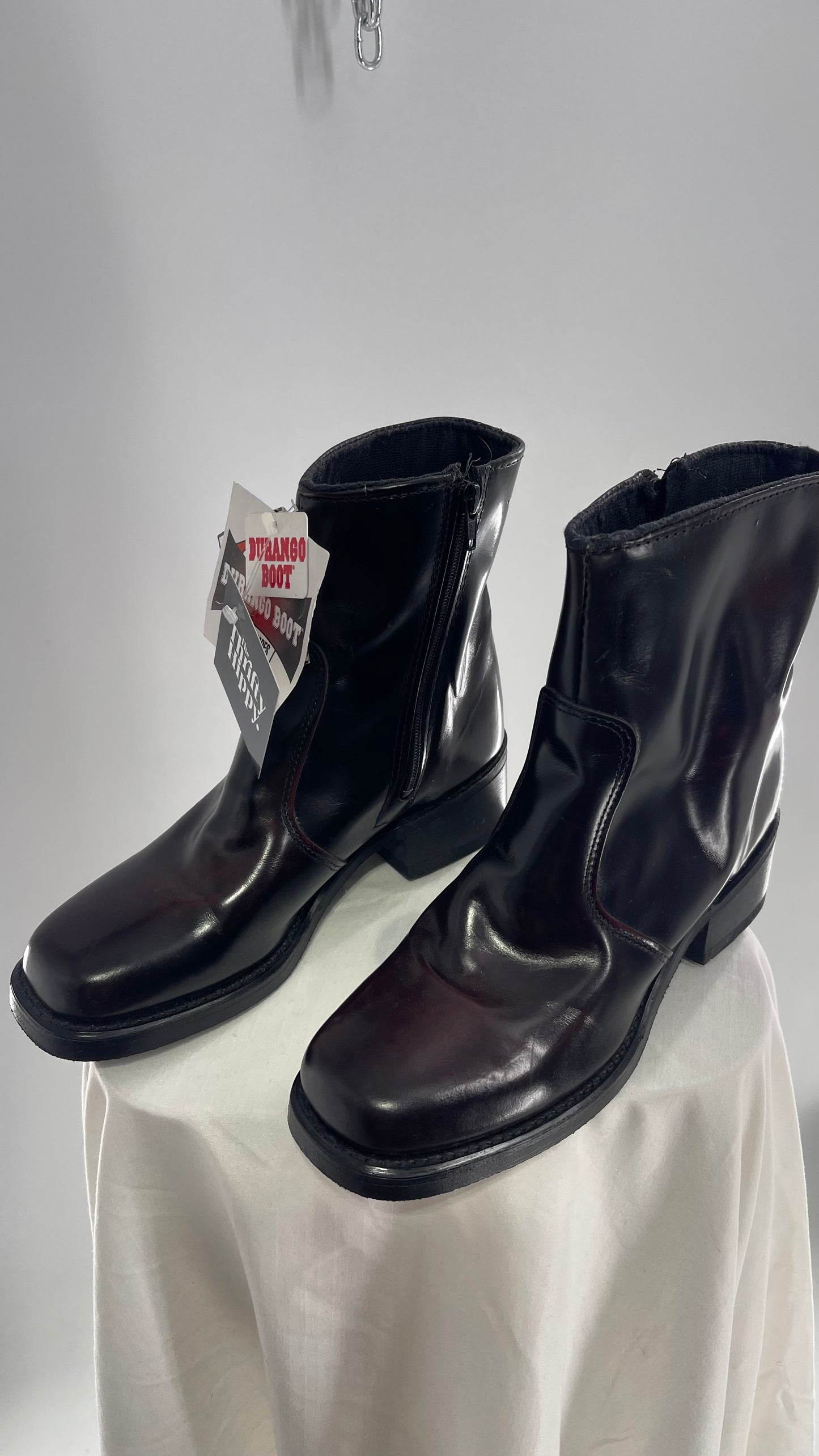 Vintage 1970s DURANGO Cherry/Deep Brown Patent Square Toe Men’s Boots Neoprene Oil Resistant (9)