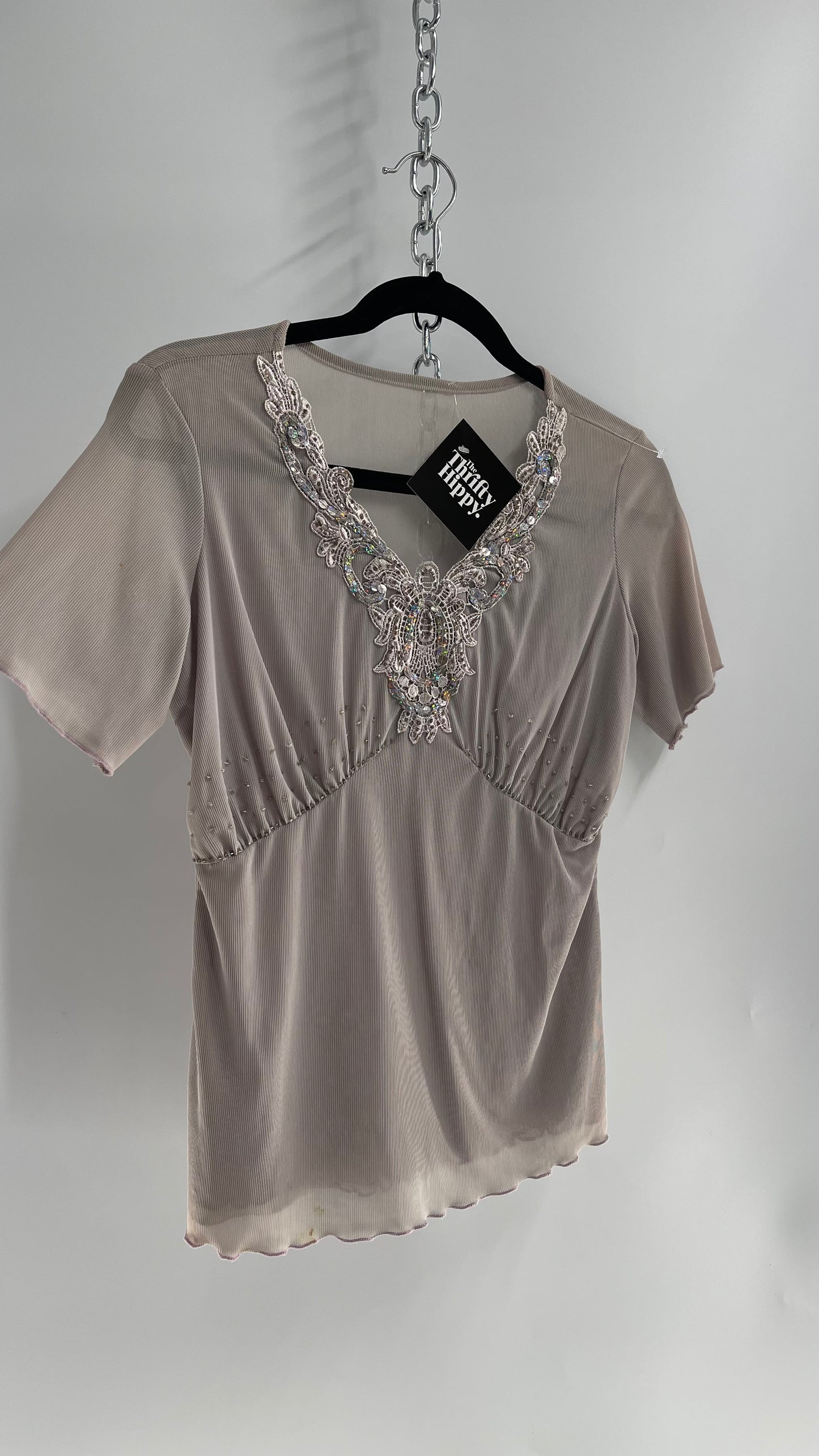 Vintage 1990s Gray Mesh V Neck with Lace, Beading and Sequin Details (Medium)