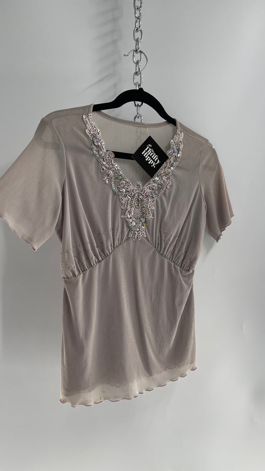 Vintage 1990s Gray Mesh V Neck with Lace, Beading and Sequin Details (Medium)