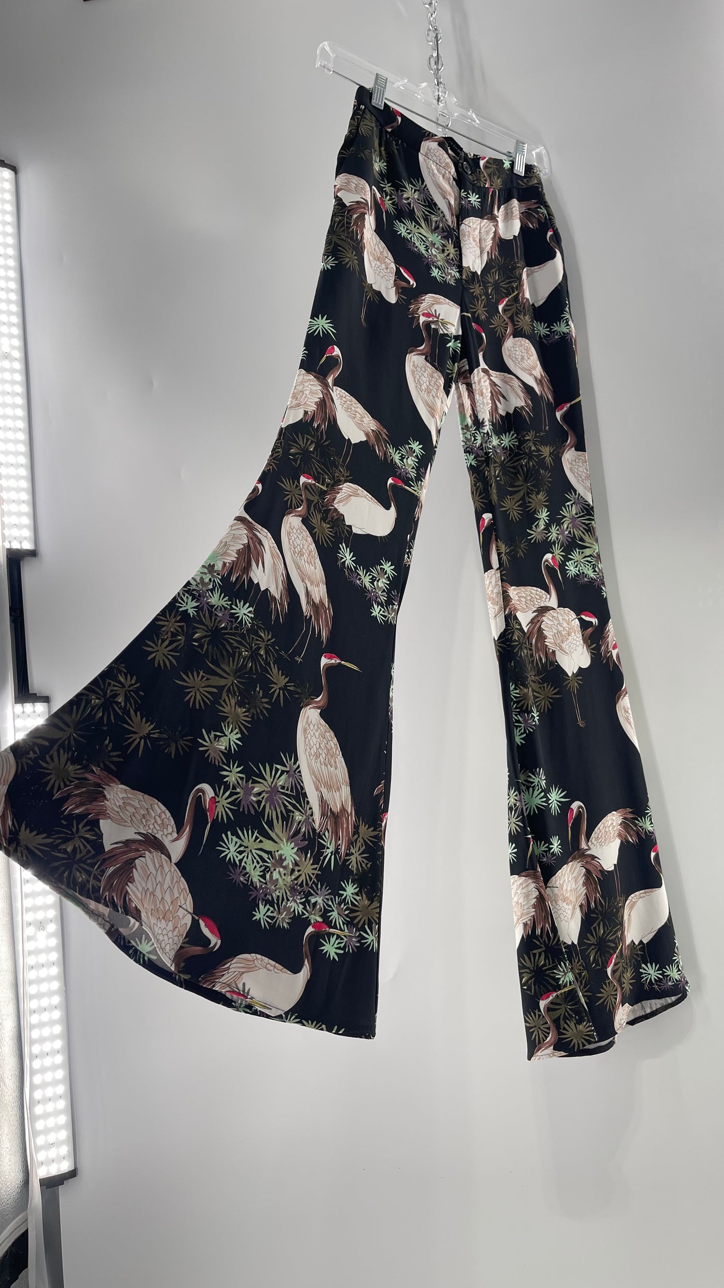 Zara Black Crane Printed Graphic Pocketed Flare Trousers (XS)