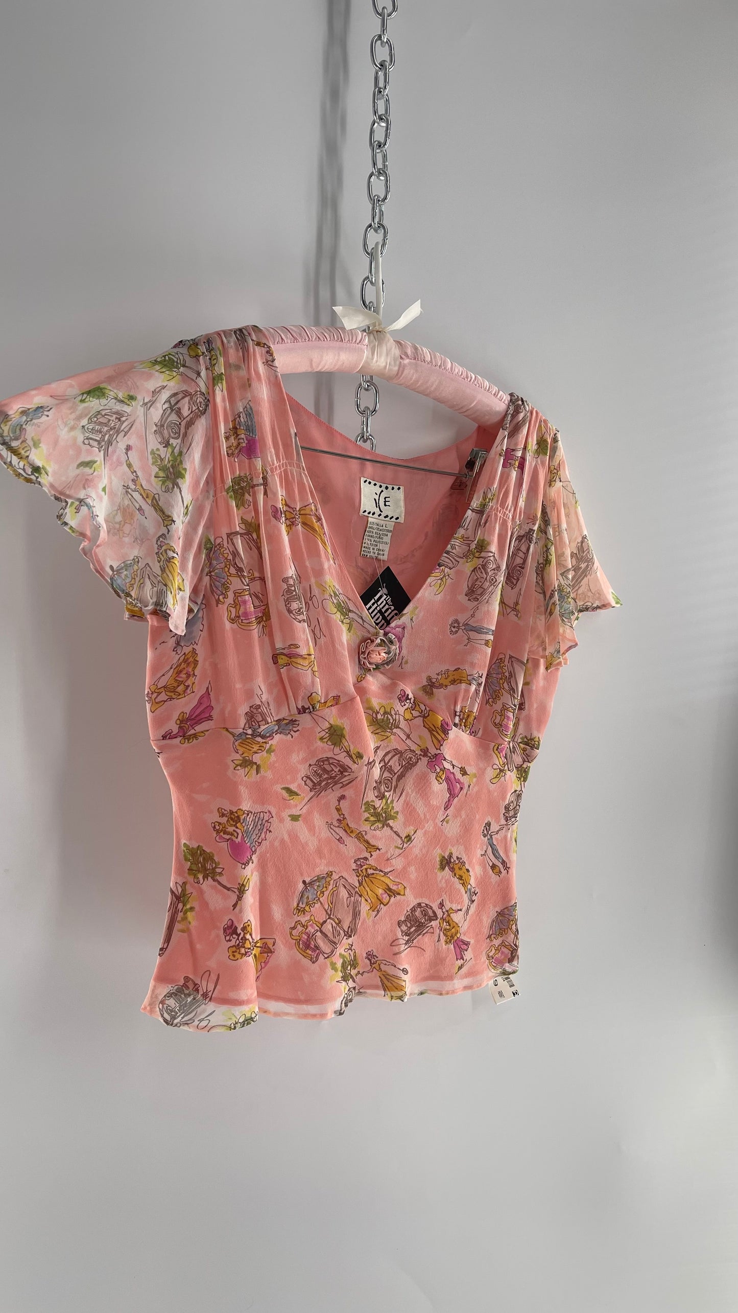 Vintage 1990s RARE i(E Femme Sketch 100% Silk Pink Blouse with Rosette Bust Detail (Large)