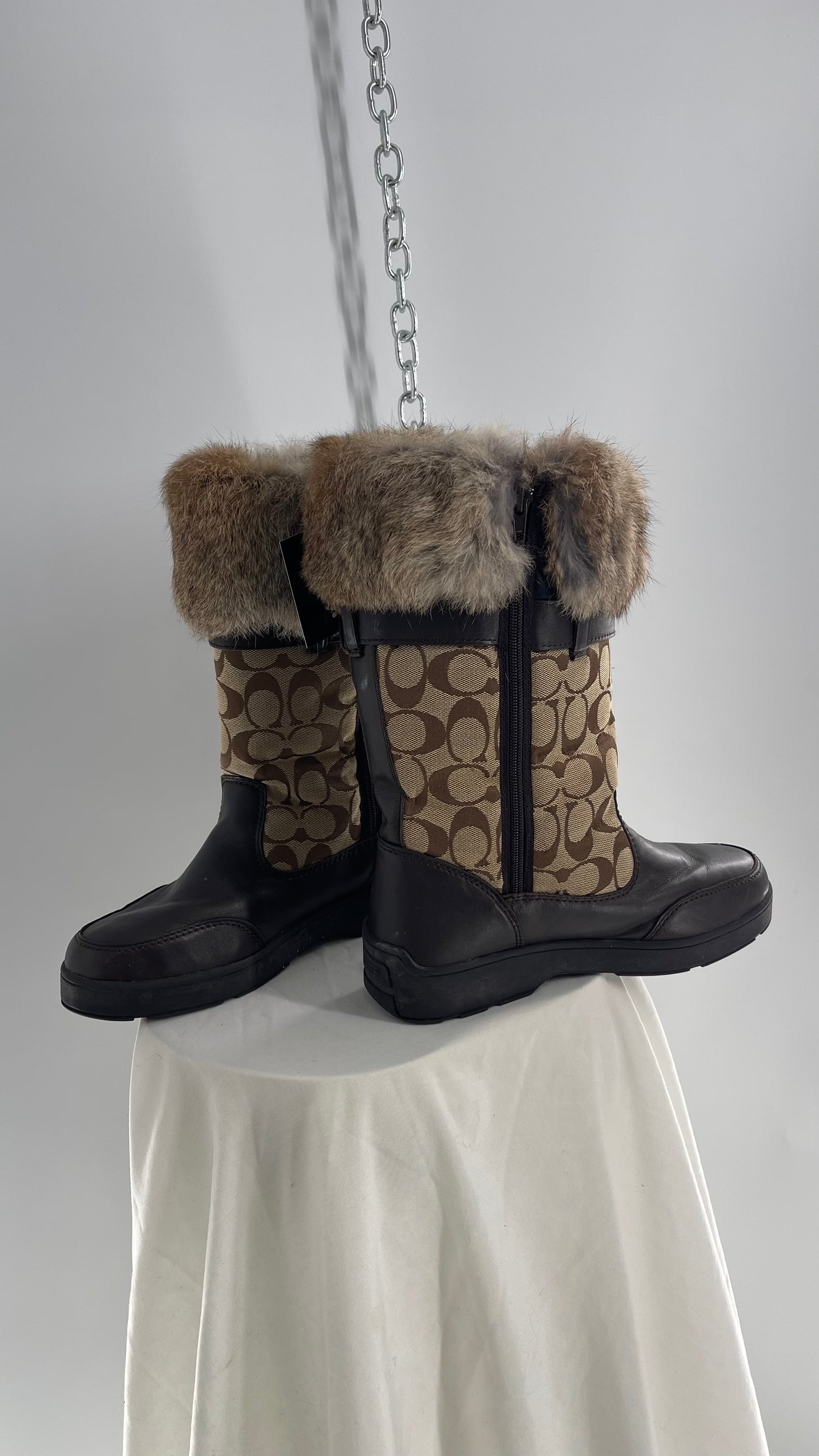 Coach Vintage Kimberly Brown Leather Quilted Monogram Rabbit Fur Trim Boot with Ankle Pouches  (8.5)