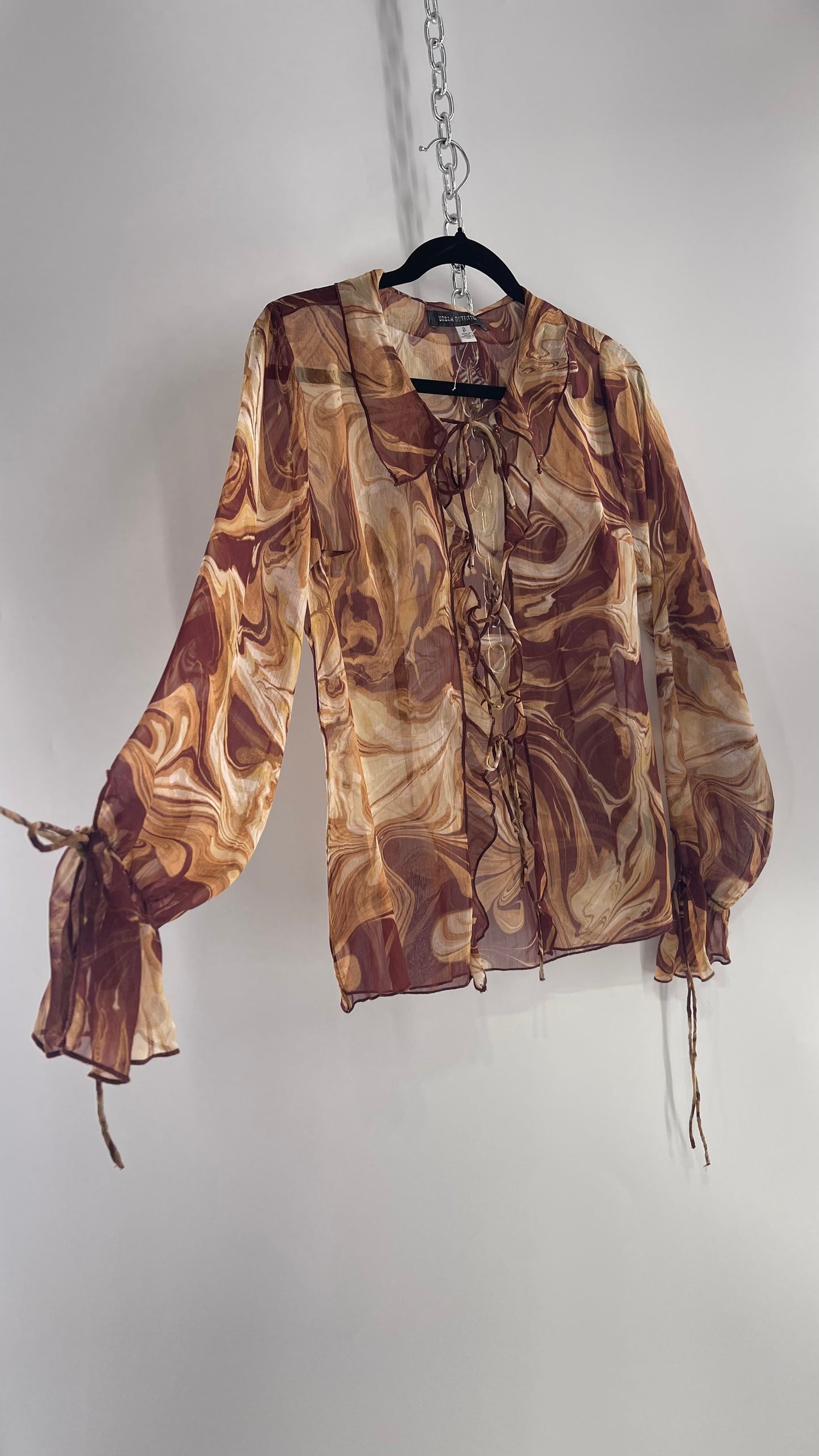 Urban Outfitters Marbled Brown Sheer Tie Front Balloon Sleeve Blouse (Small)