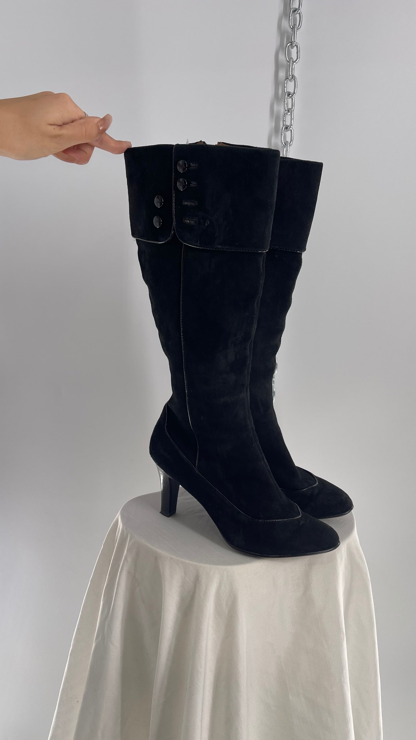 Vintage Soft Black Suede Leather Boots with Piping and Button Details (6)