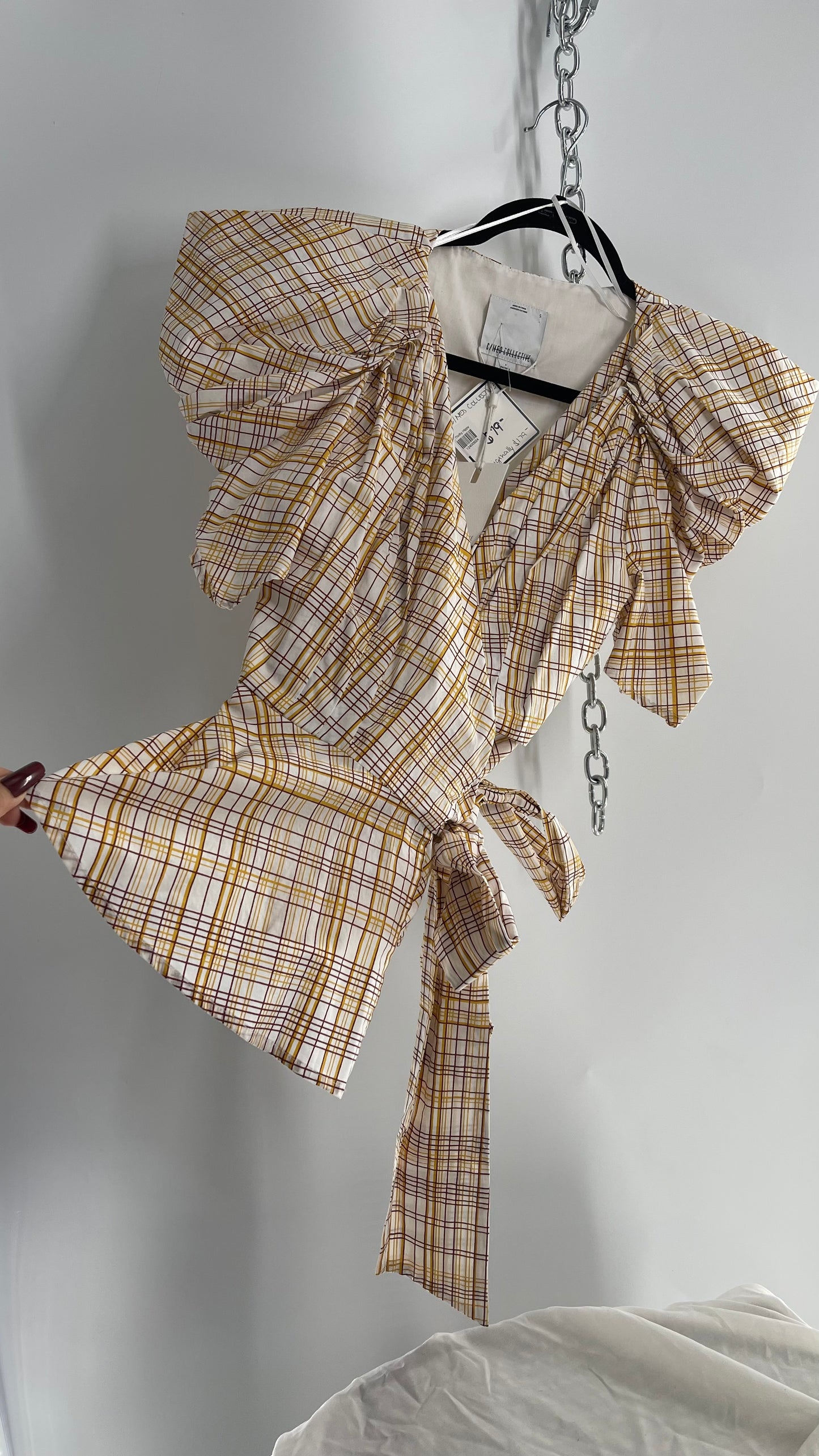 C/MEO Collective Plaid Puff Sleeve Peplum with Tags Attached (S)