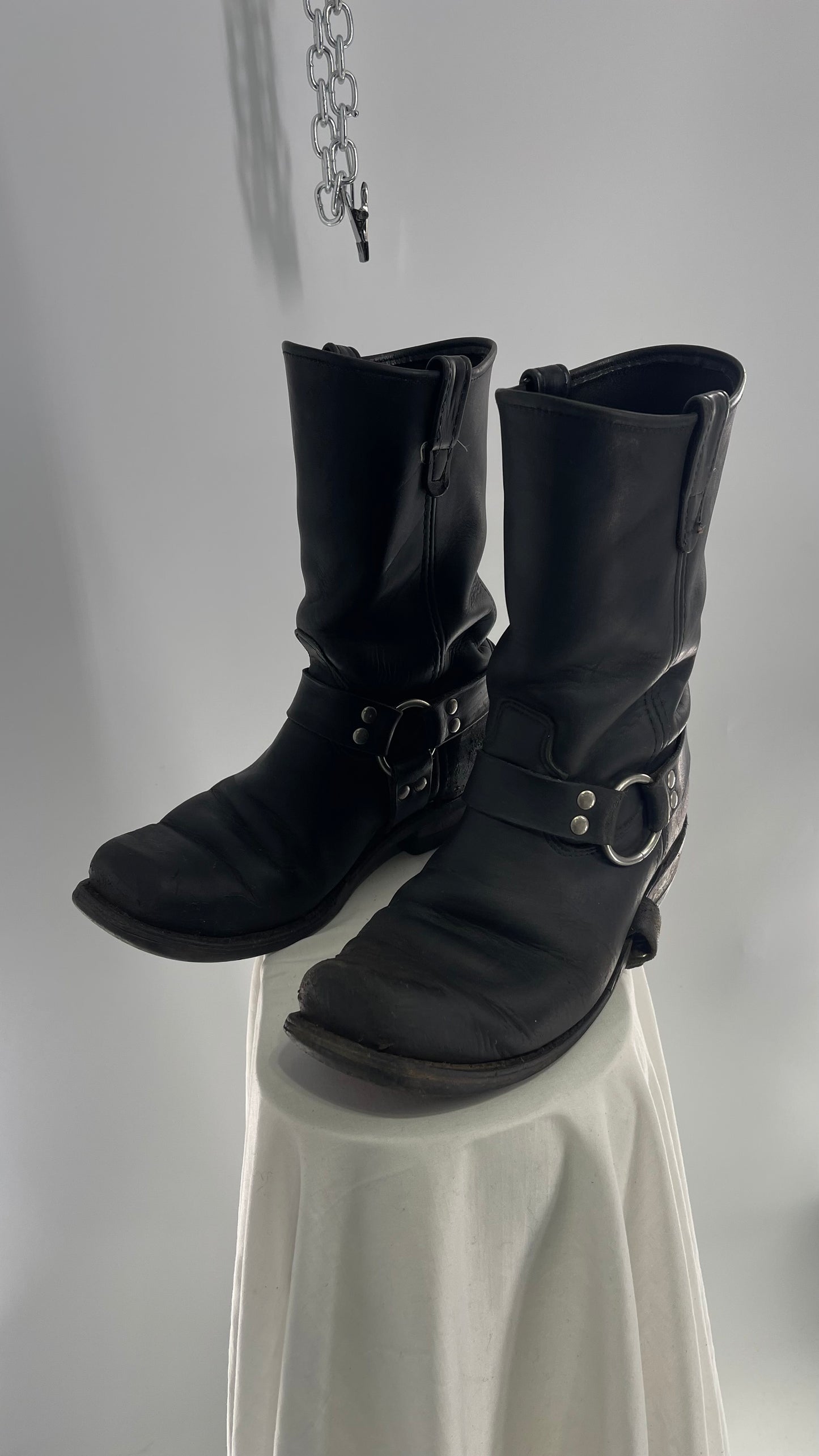 Vintage SIERRA Black Heavy Duty Sloppy Scuffed Distressed Leather Motorcycle Boots  (10.5)