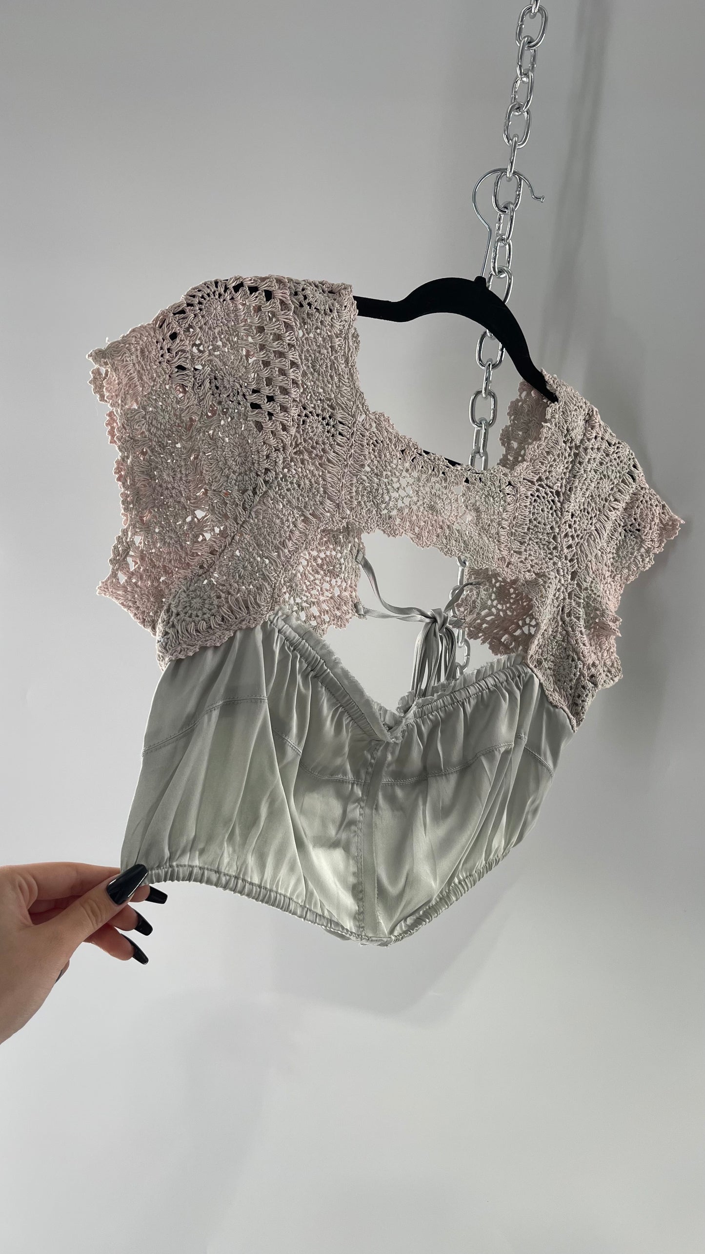 Intimately Free People Silver Satin Cropped Bustier with Crochet Shrug High Neckline (Large)