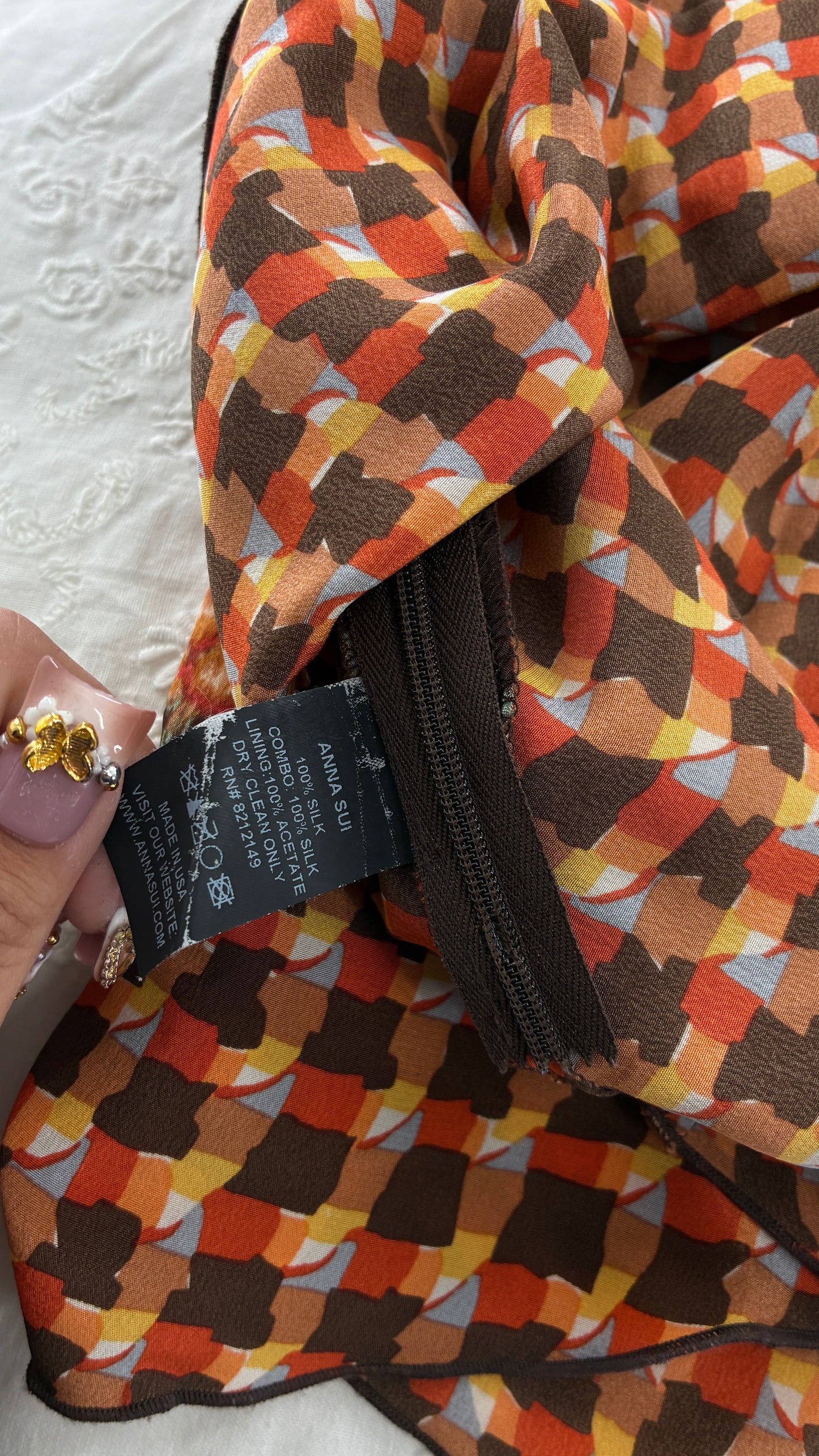 Vintage ANNA SUI 100% Silk Orange and Brown Mixed Pattern Blouse (4)