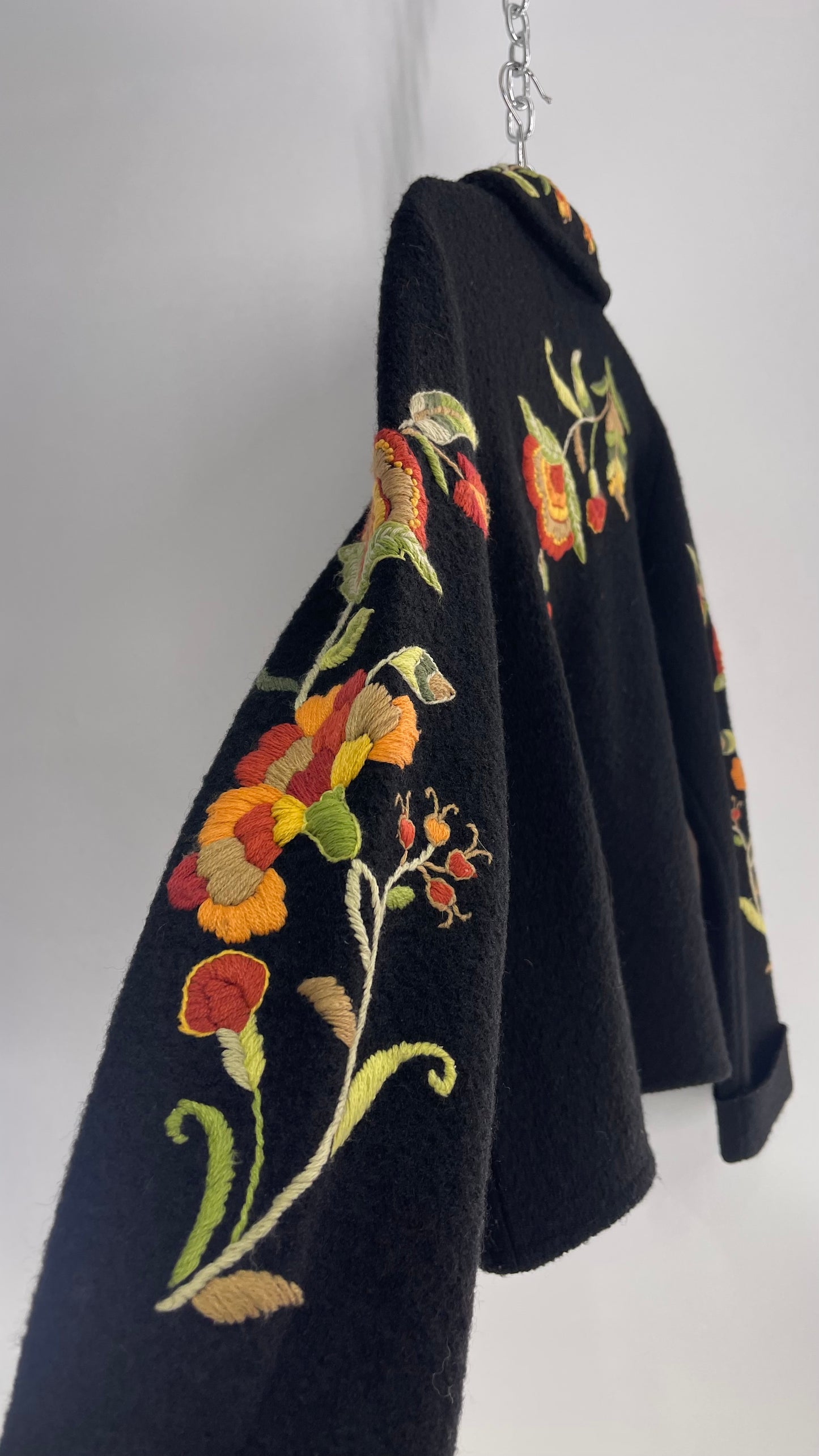 Deane & White Black 100% Wool Orange and Yellow Embroidered Flower Cardigan Jacket (Large)