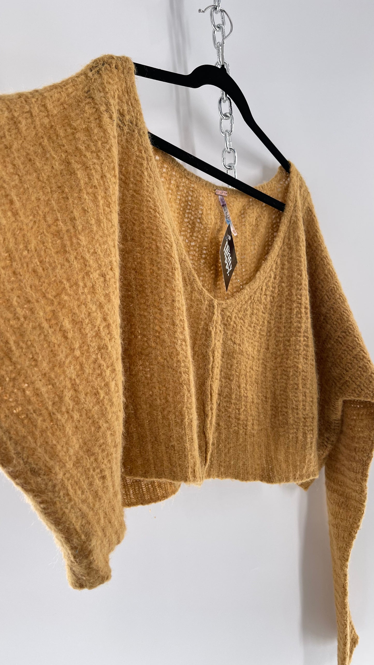 Free People Mustard Knit Cropped Sweater (XS) 88% Alpaca Fur