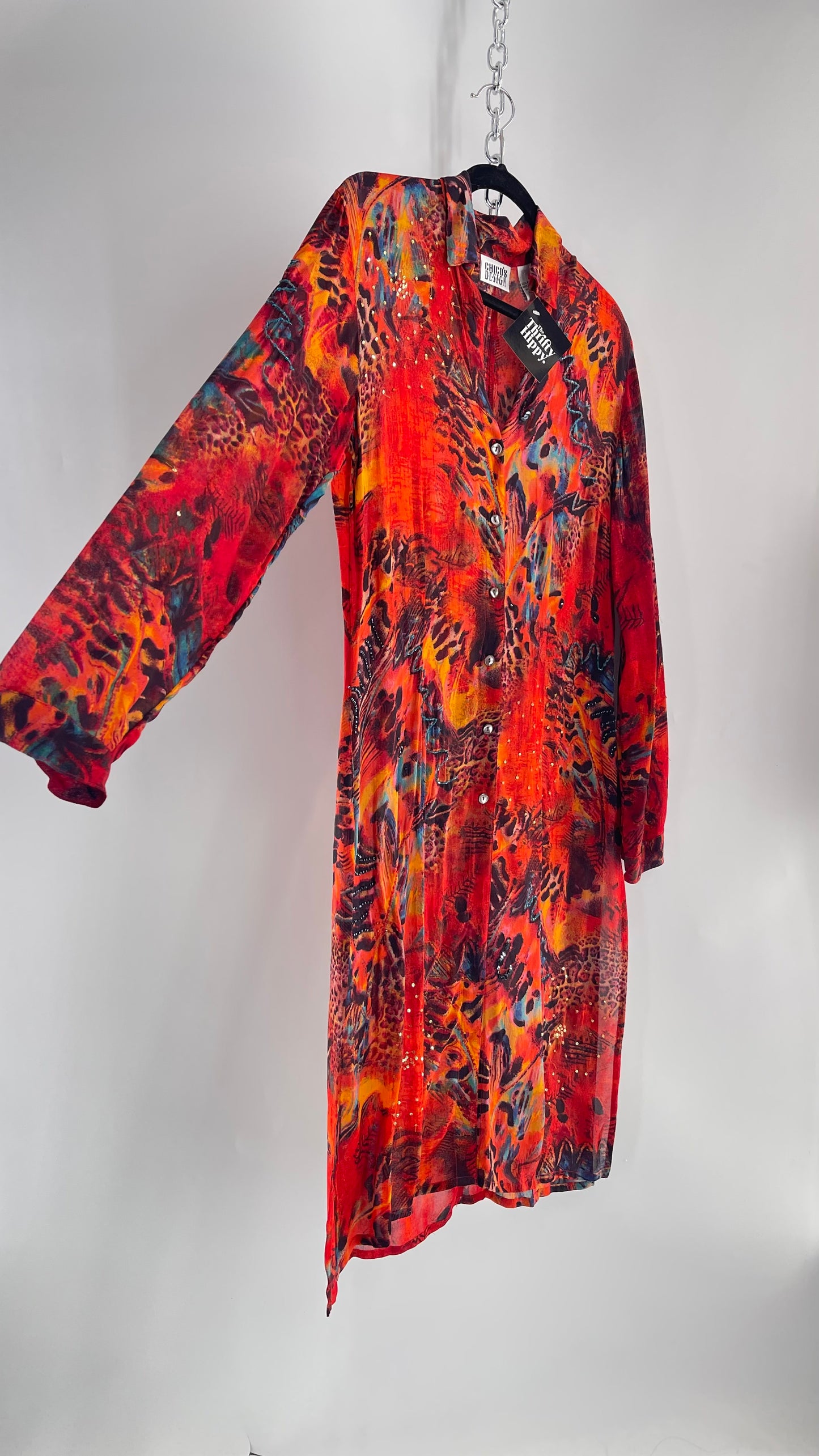 Vintage CHICOs Burnt Orange Sheer Duster Coat with Mixed Animal Print and Embroidery/Beading (XL)