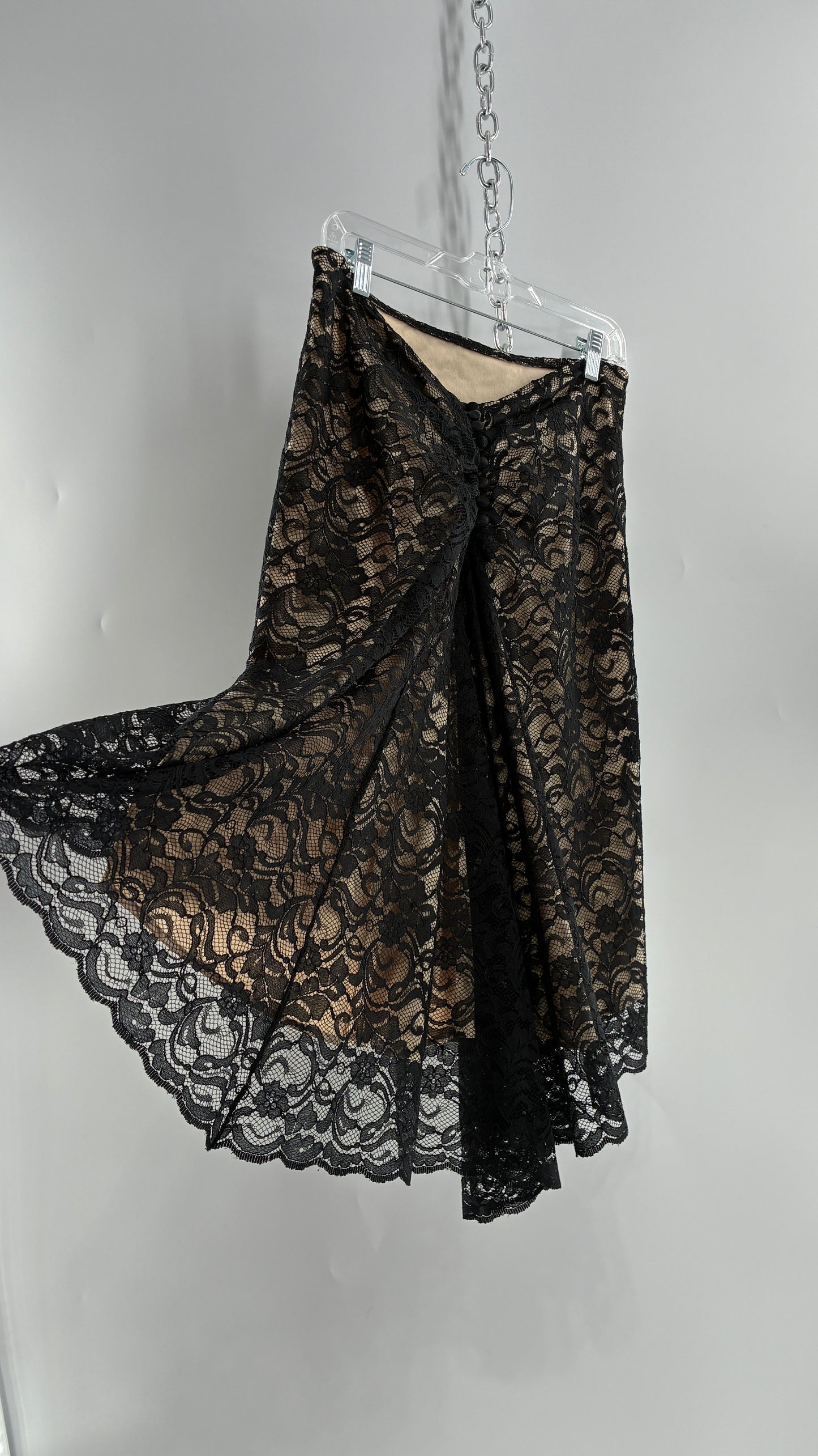 Vintage HEART MOON STARS  Black Lace Overlay + Nude Underlay Skirt with Low Wired Back, Ruched Bum, and Button Down Back(8)