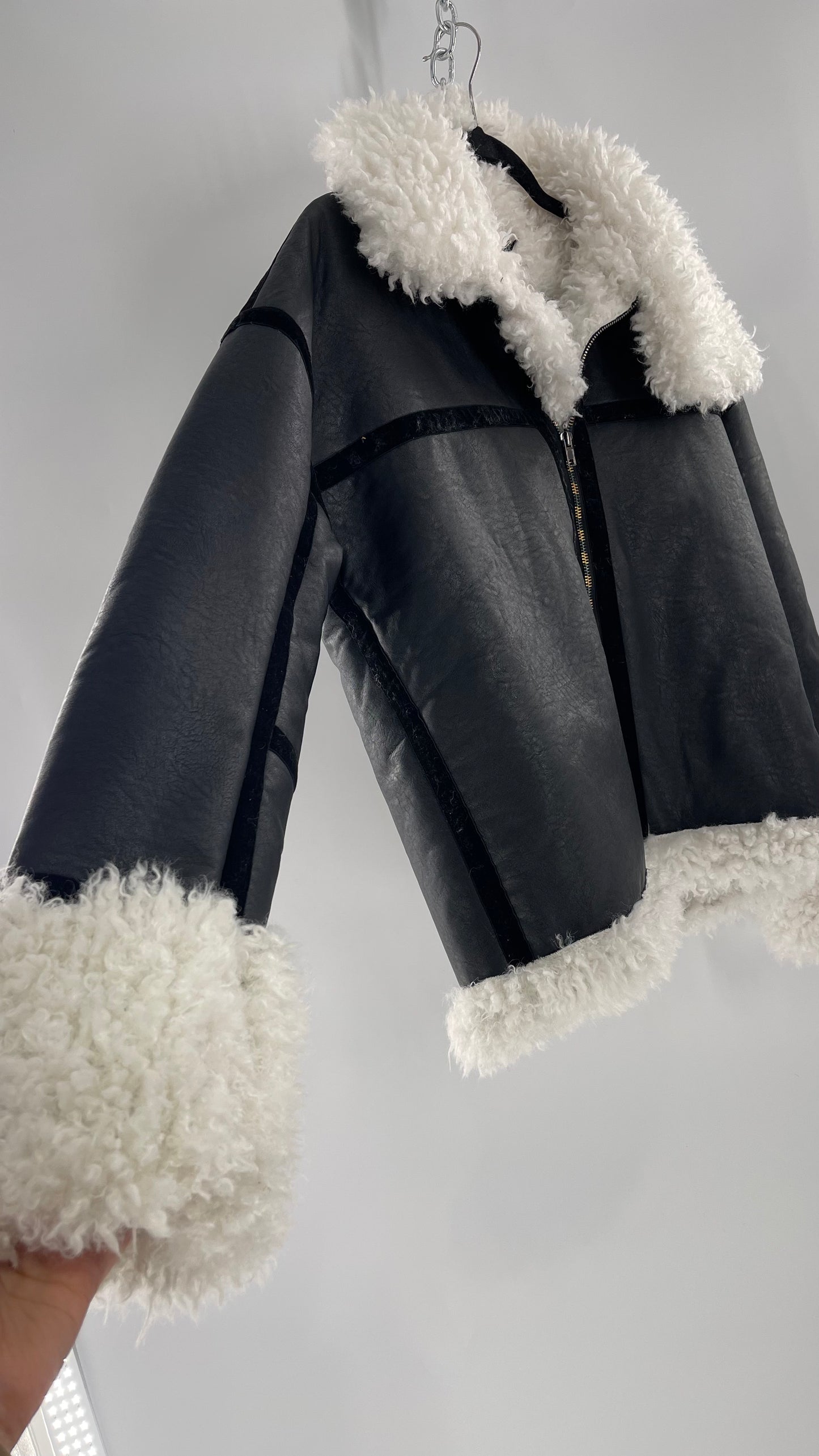 LIONESS Phoenix Jacket Black Faux Leather White Fur Trim (Large)