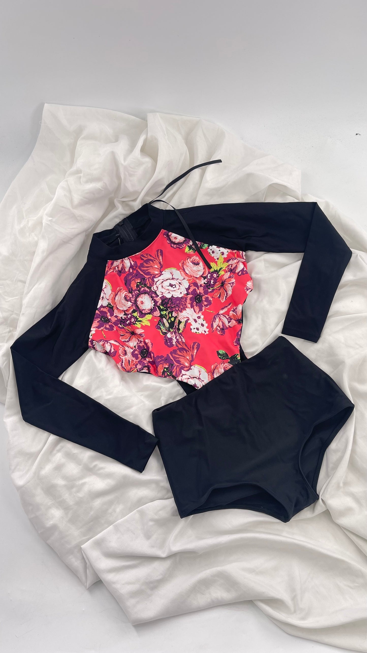 BEACH RIOT x Free People Black Long Sleeve Swimsuit with Hot Pink Floral Torso and Cut Outs (XS)