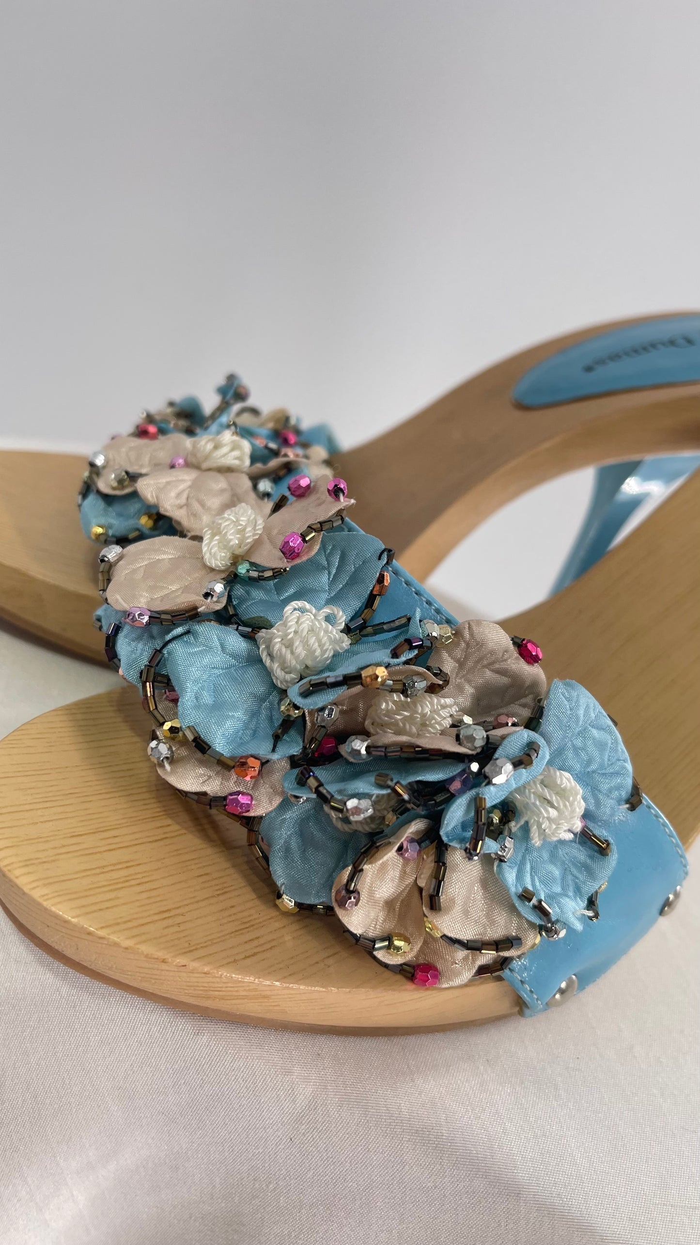 Pierre Dumas Baby Blue Wooden Heel with Beaded Floral Appliqués (9)