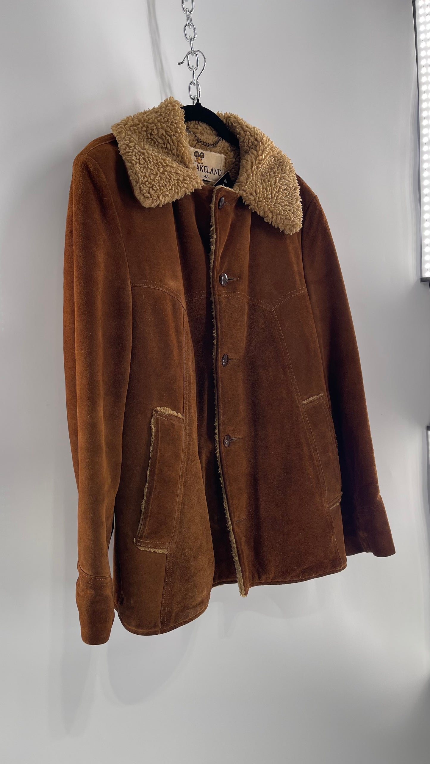 Vintage Heavy Duty Genuine Suede Leather Coat with Teddy Sherpa Lining (C) (Large/42)