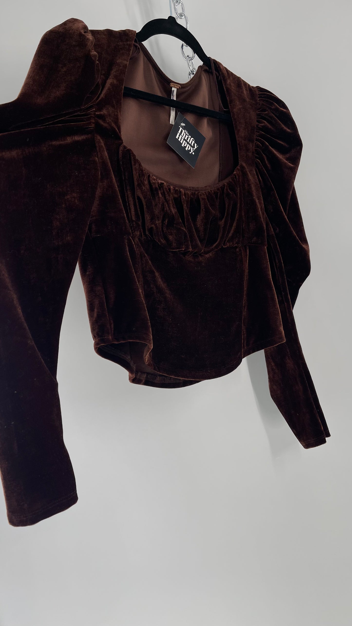 Free People Dark Brown Velvet Long Sleeve Cropped Blouse with Milkmaid Neckline and Renaissance Puff Shoulder (Large)