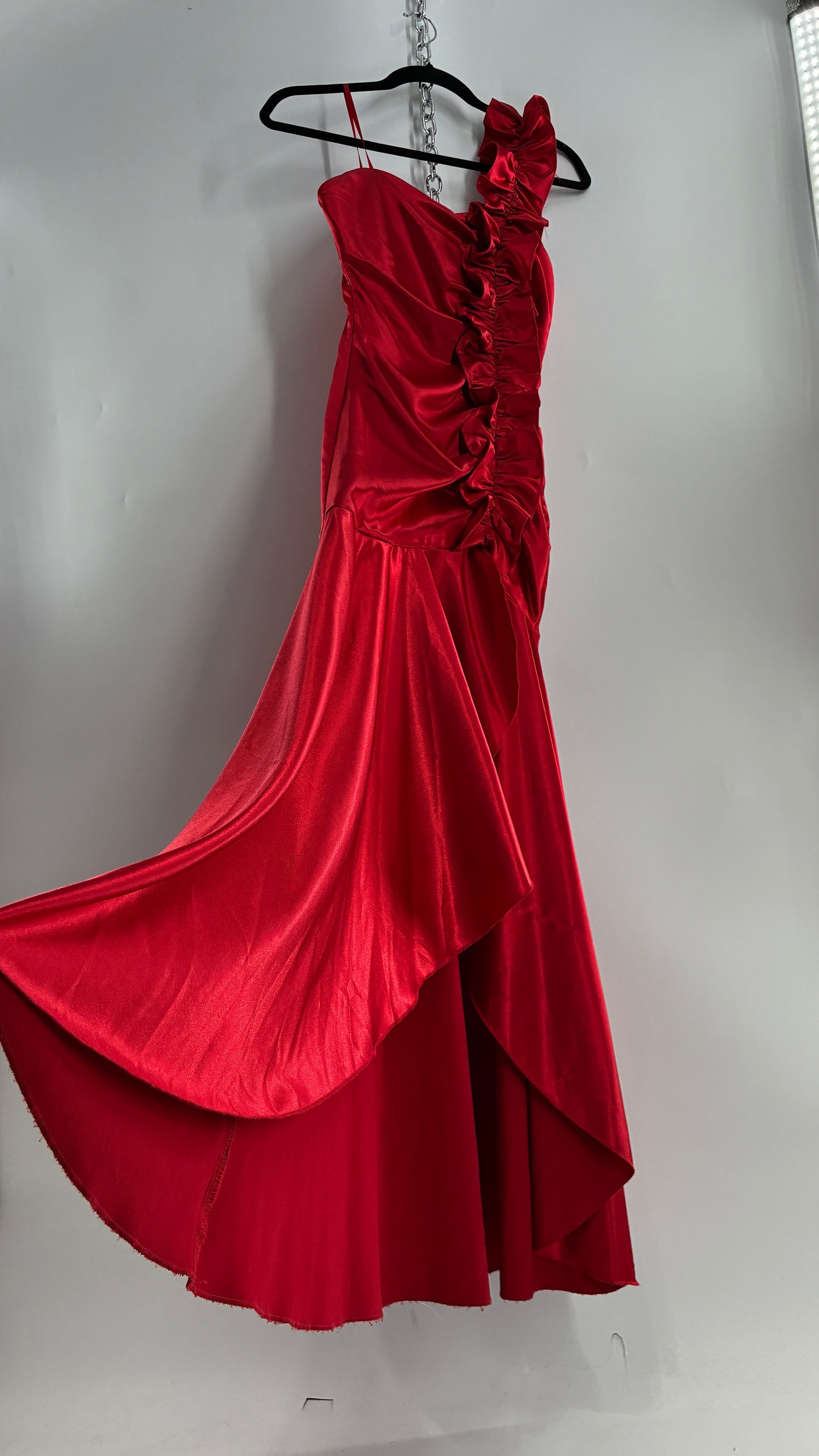 Vintage Ruby Rox Red Full Length One Shoulder Ruched Gown (3)
