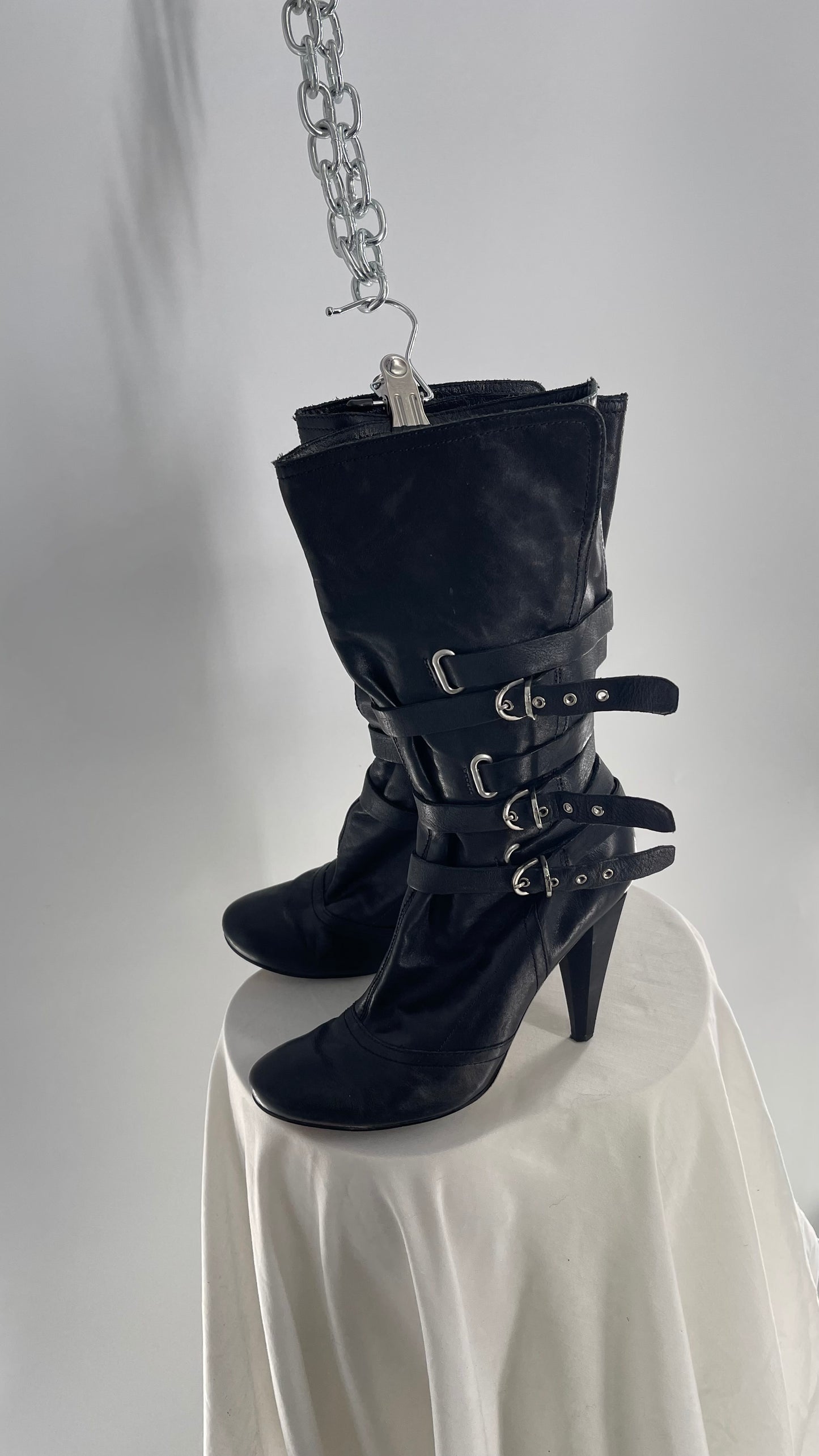 Vintage Black Leather Round Toe Knee High Boot Heel with Multiple Strap/Buckle Details (8.5)