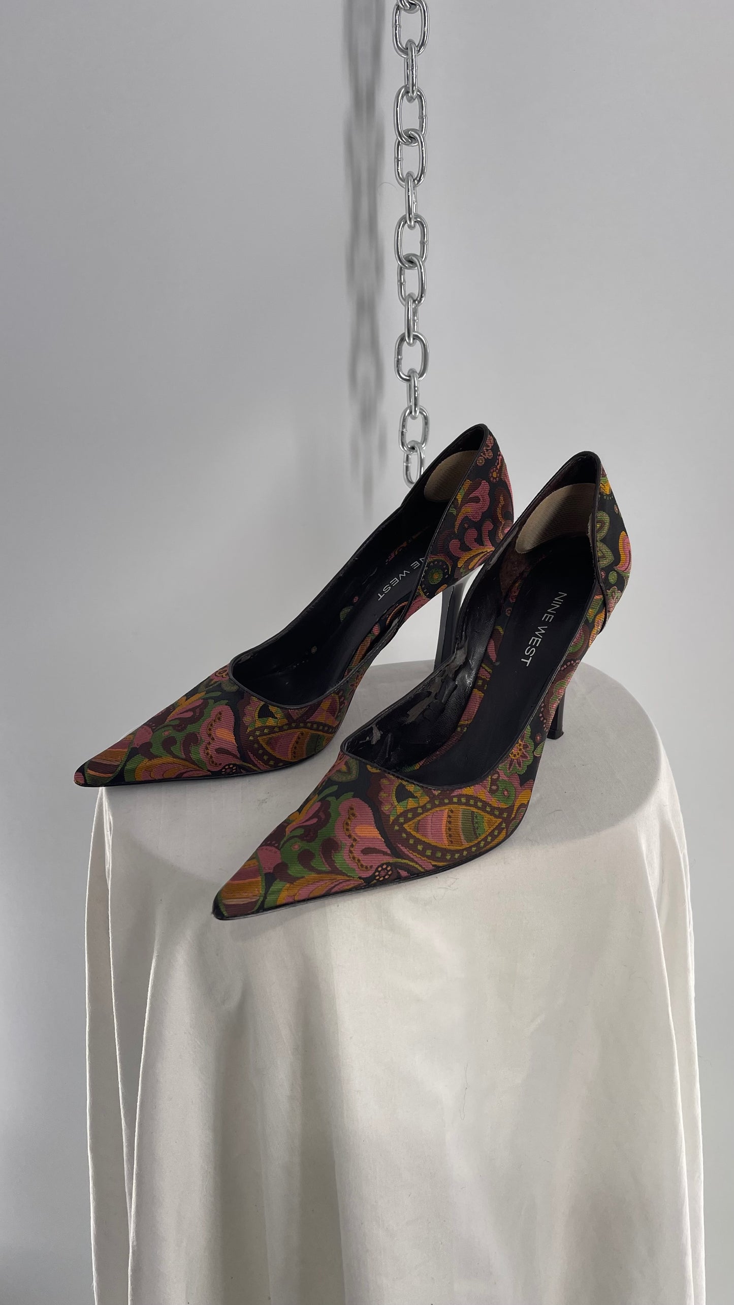 Vintage Nine West Brown Floral Patterned Pointed Toe Heel (8)