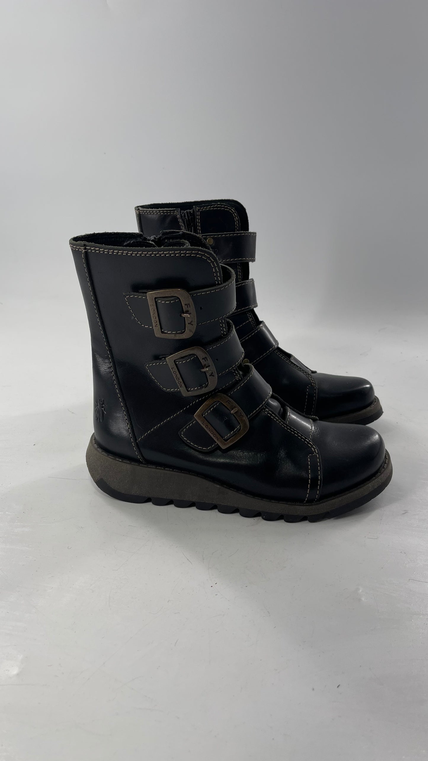 Fly London Black Zipper Side Biker Boot with Oversized Brass Buckles (38)