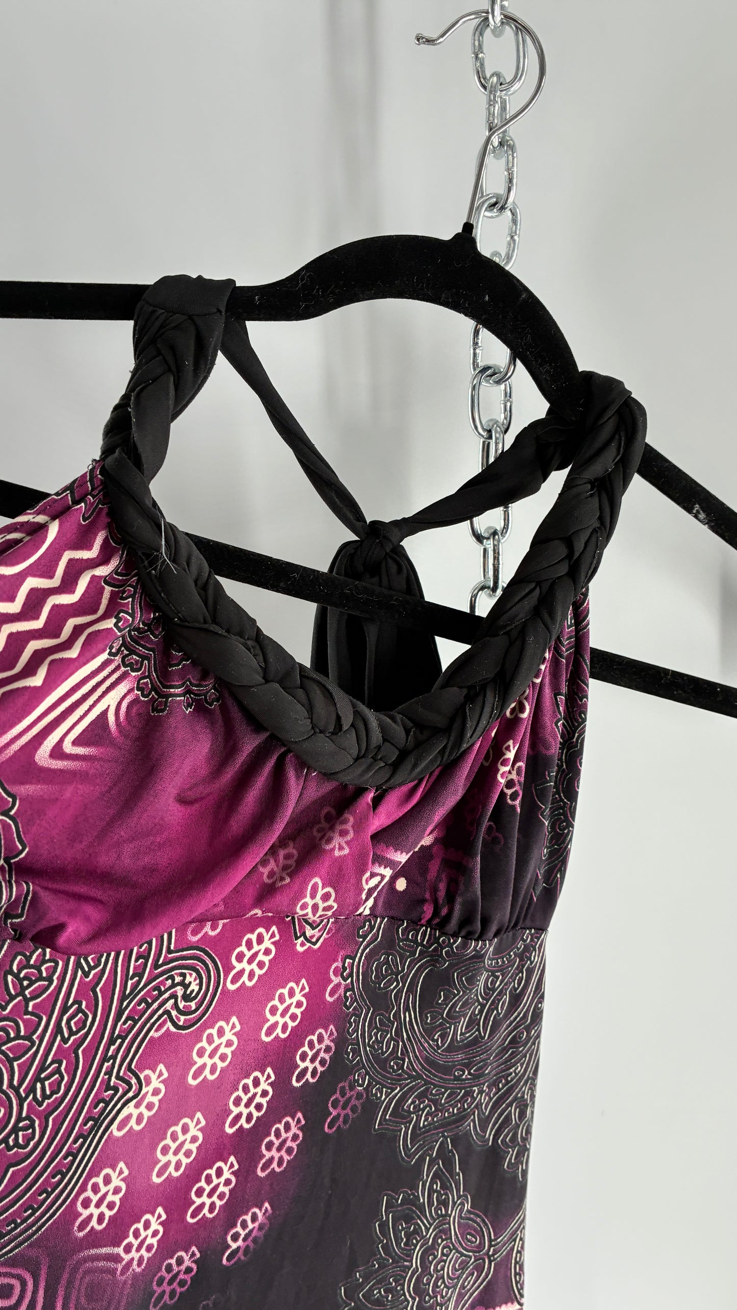 Vintage RUE 21 Purple Braided Halter Black and Purple Graphic (Large)