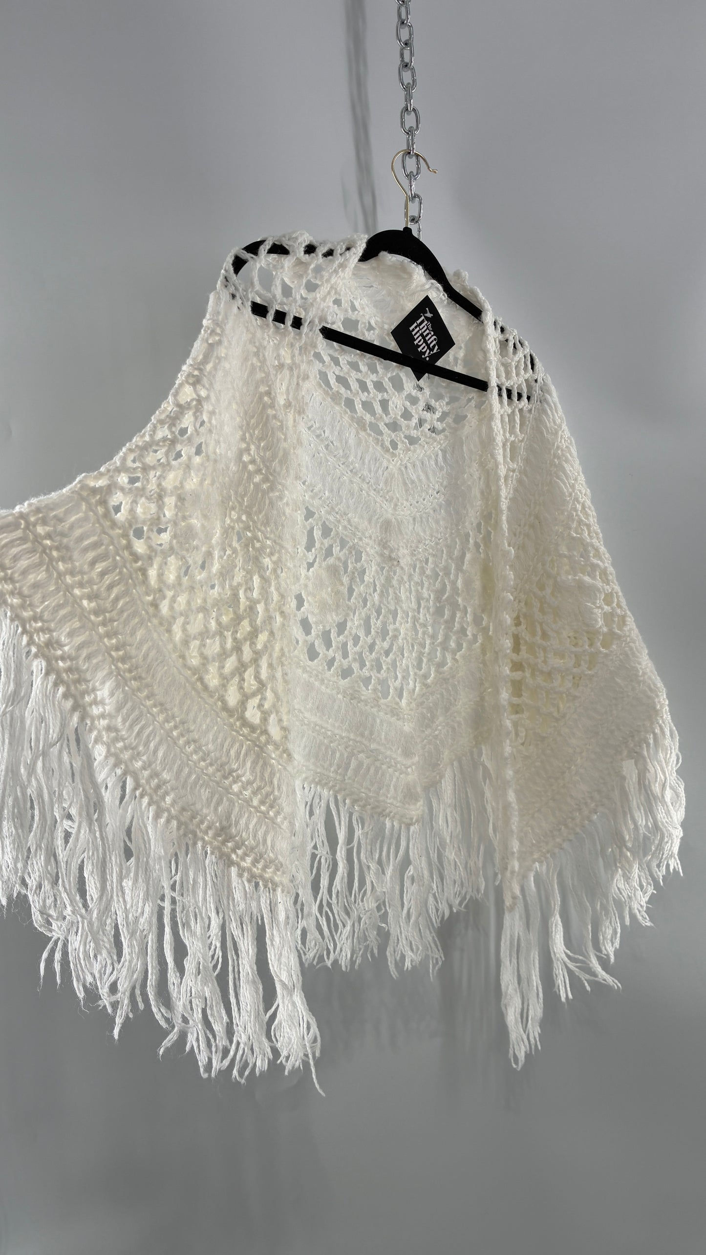Vintage Off White Hand Knit Scarf Poncho Shawl Cape