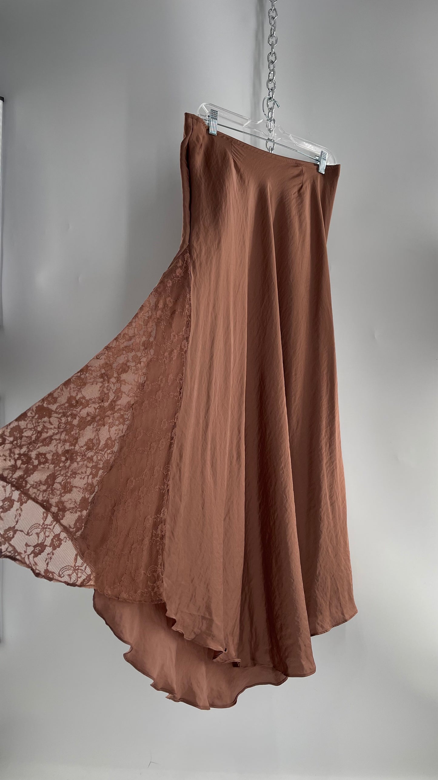 Intimately Free People Brown/Dusty Mauve Satin Maxi Skirt with Lace Paneling (Medium)