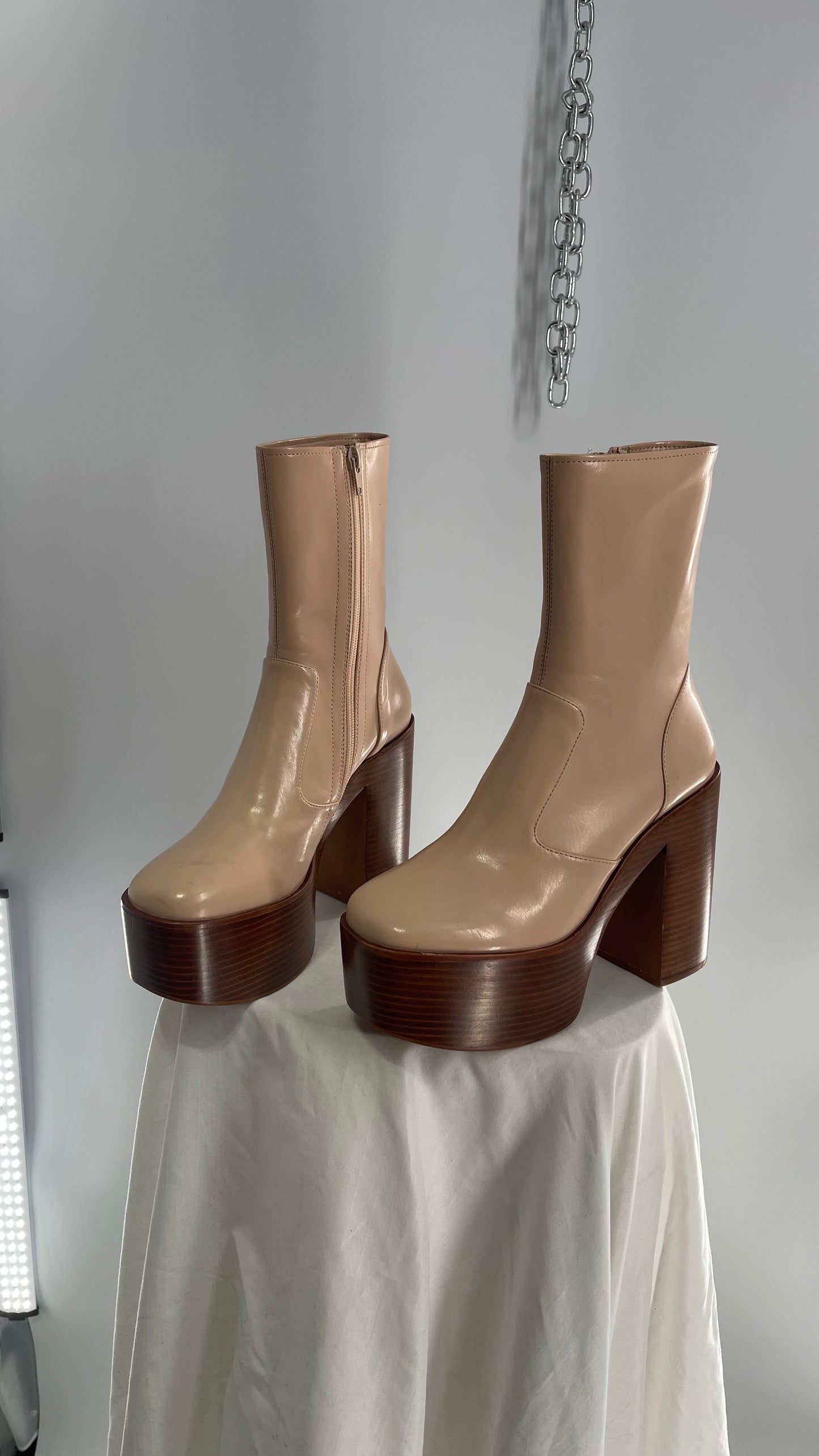 Free People X Jeffrey Campbell Mexique GoGo Boots • Beige Patent Boot with Wood Grain Chunky Block Heel and Platform  (8)