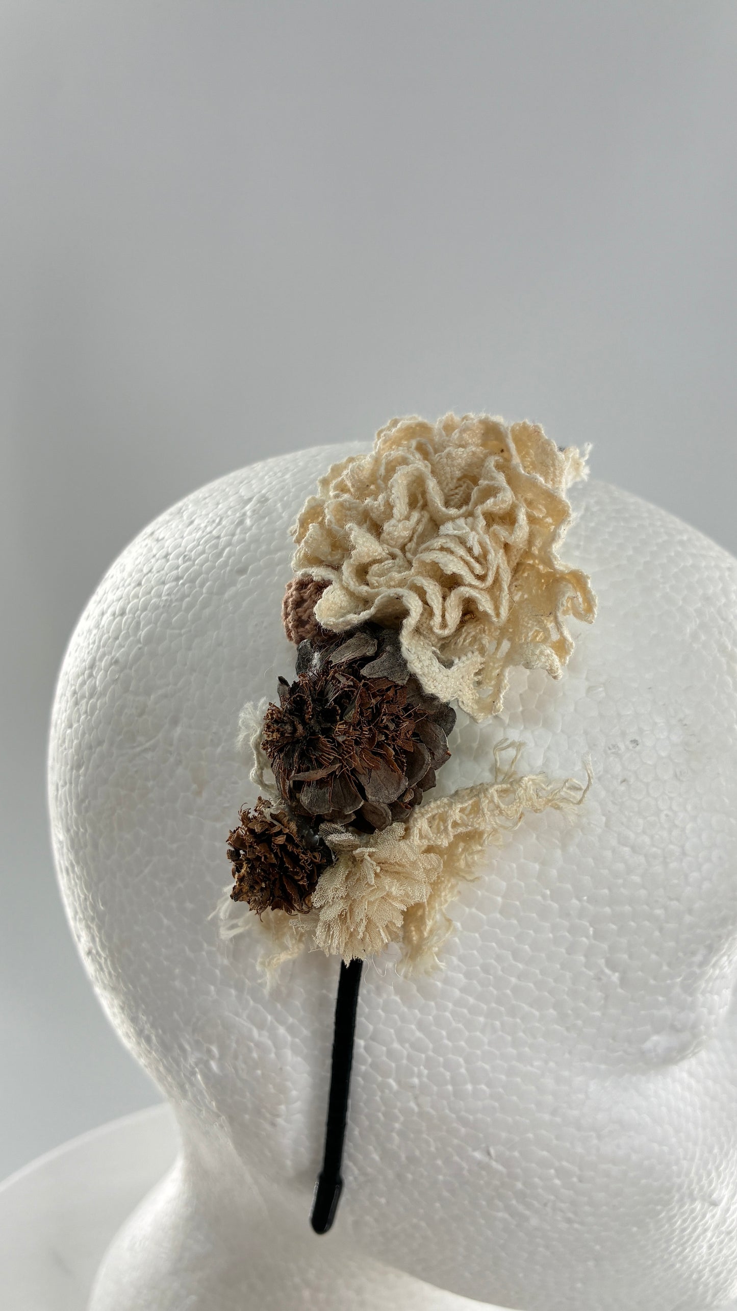 Vintage FARMER Handmade Discrete Headband with Crochet and Pine Appliqués